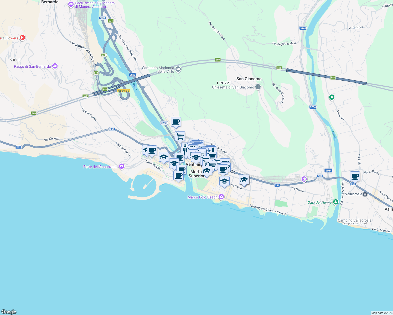 map of restaurants, bars, coffee shops, grocery stores, and more near 35 Via Camillo Benso Conte di Cavour in Ventimiglia