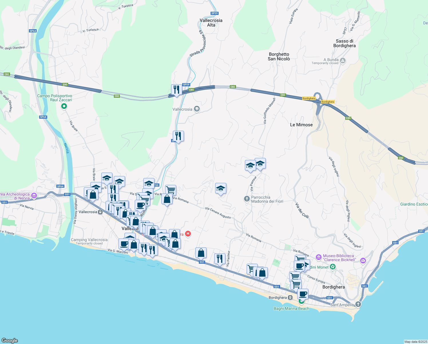 map of restaurants, bars, coffee shops, grocery stores, and more near 16 Via Conca Verde in Imperia