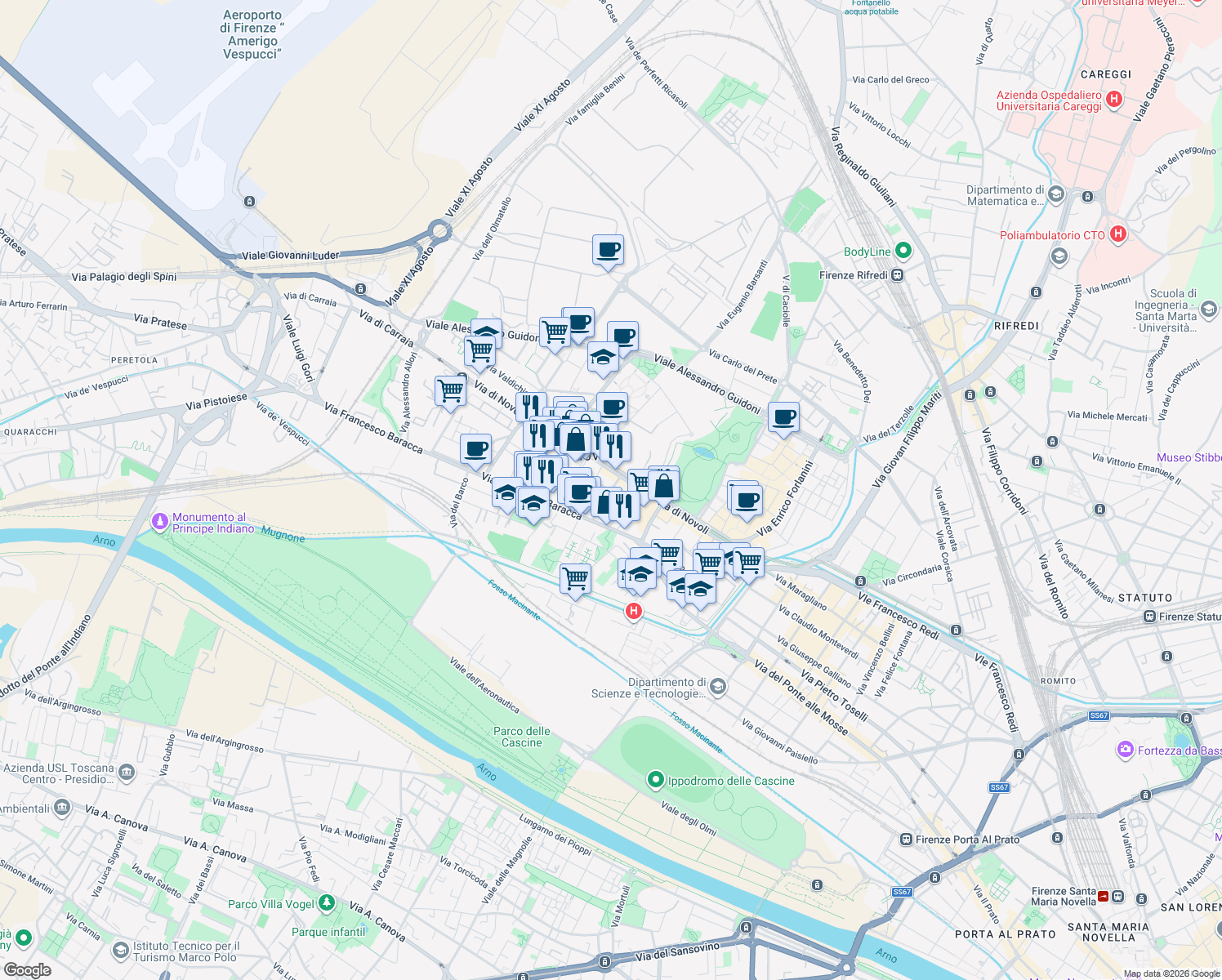 map of restaurants, bars, coffee shops, grocery stores, and more near 7 Via Mario Ulivelli in Florence