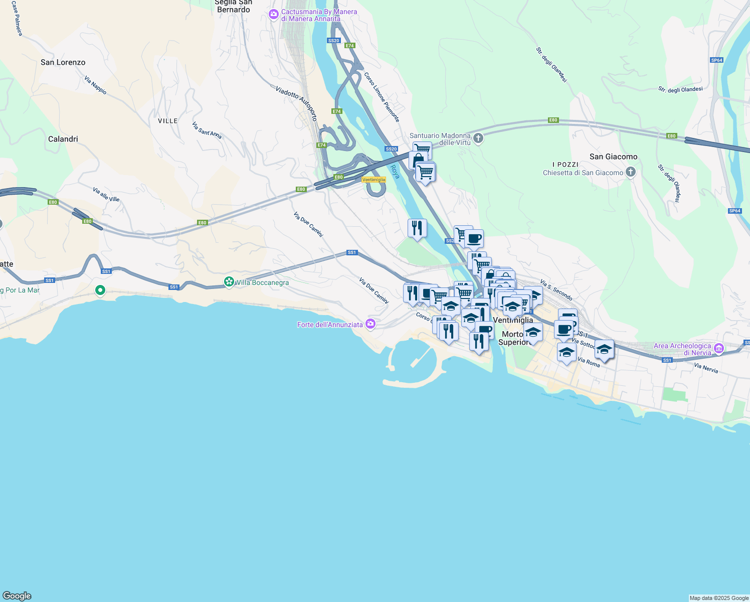 map of restaurants, bars, coffee shops, grocery stores, and more near 17 Via Forte San Paolo in Ventimiglia