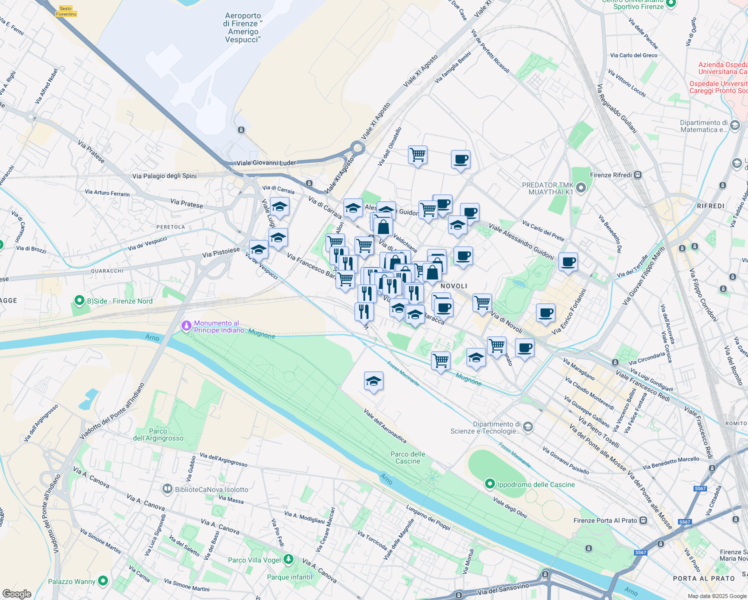 map of restaurants, bars, coffee shops, grocery stores, and more near 42 Via del Barco in Florence