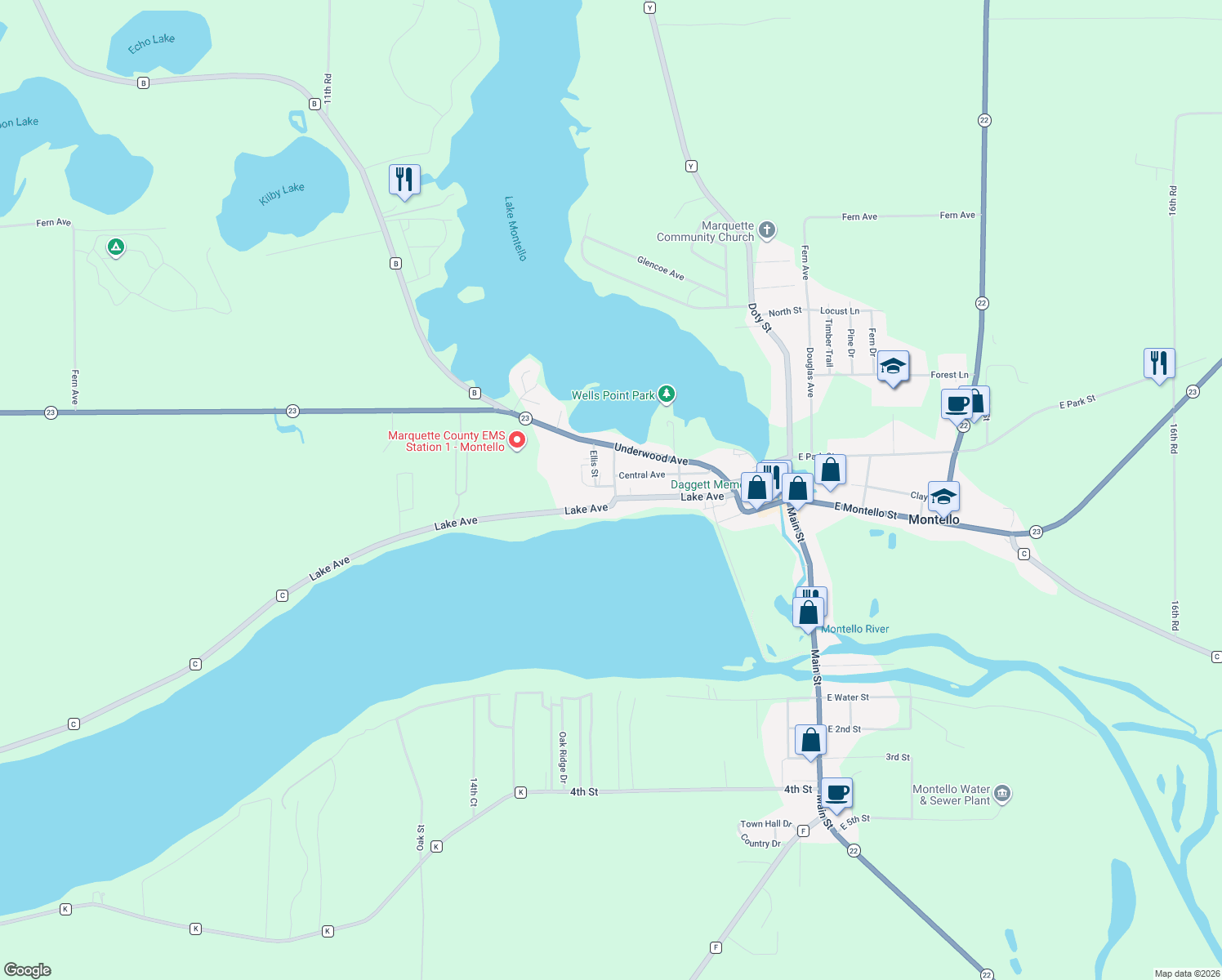 map of restaurants, bars, coffee shops, grocery stores, and more near 37 Stevens Avenue in Montello