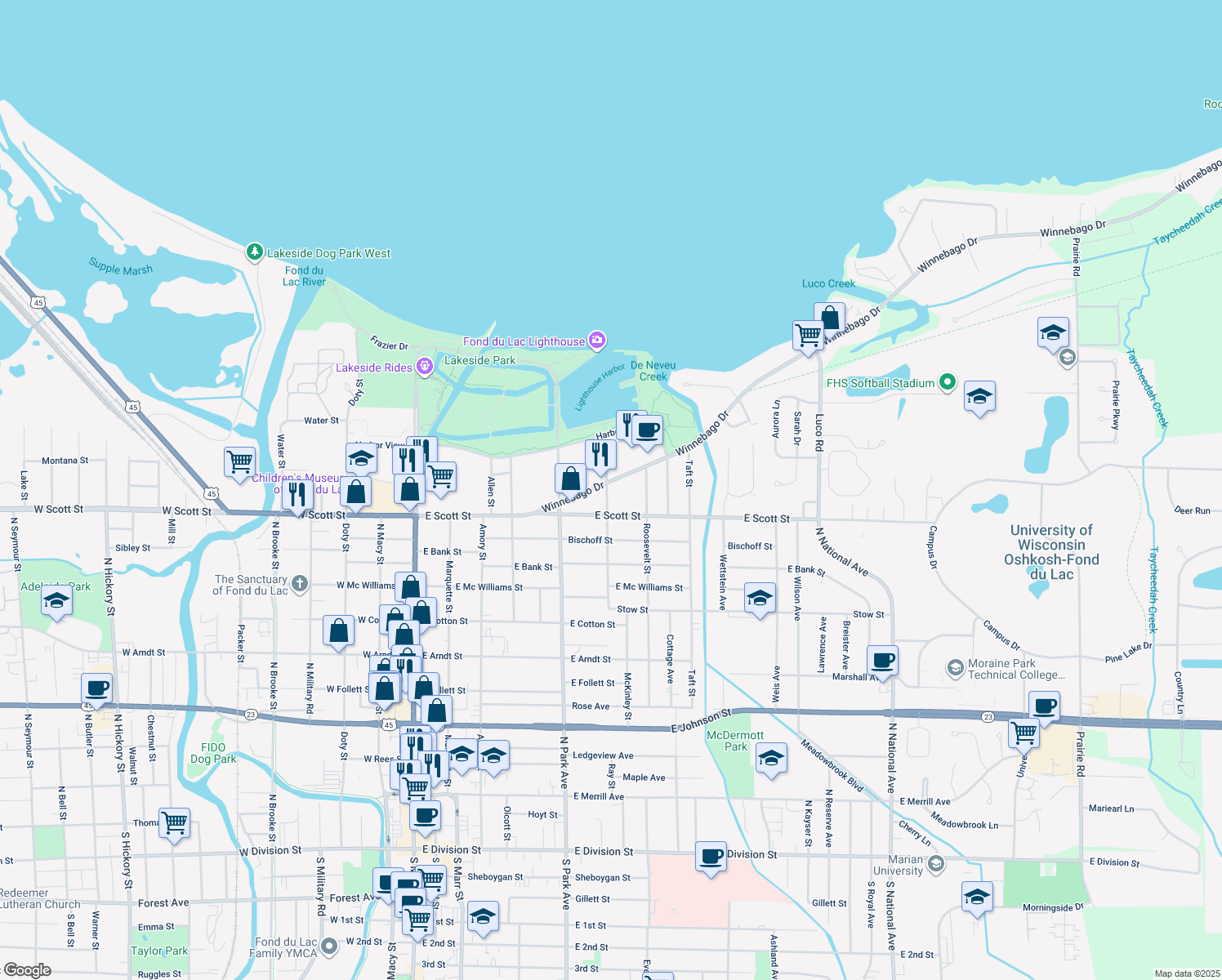 map of restaurants, bars, coffee shops, grocery stores, and more near 300 Winnebago Drive in Fond du Lac