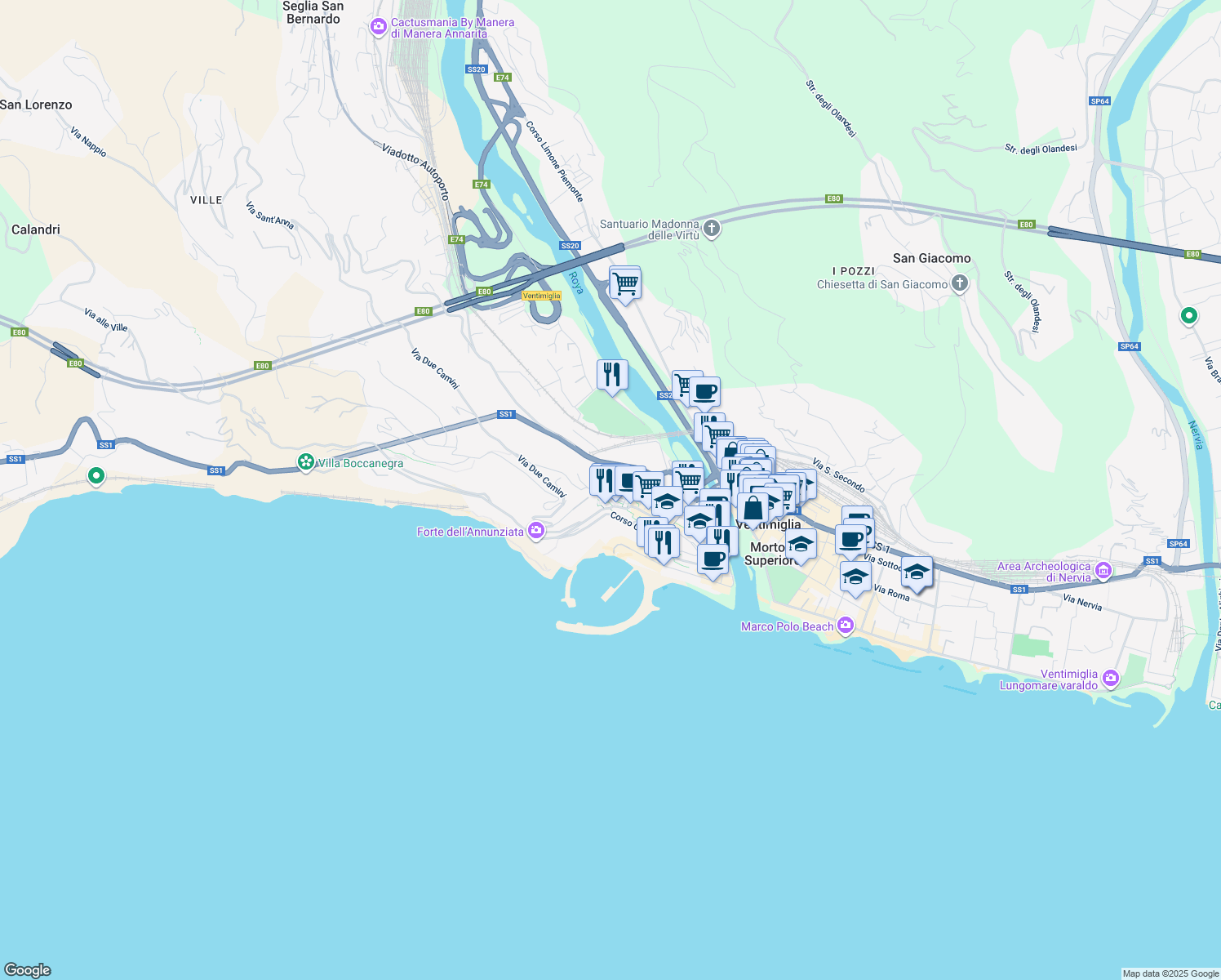 map of restaurants, bars, coffee shops, grocery stores, and more near 18 Vico Saonese in Ventimiglia