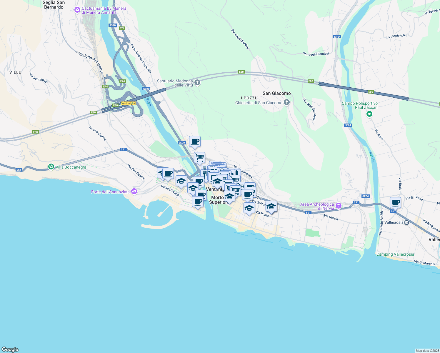 map of restaurants, bars, coffee shops, grocery stores, and more near 35 Via Camillo Benso Conte di Cavour in Ventimiglia