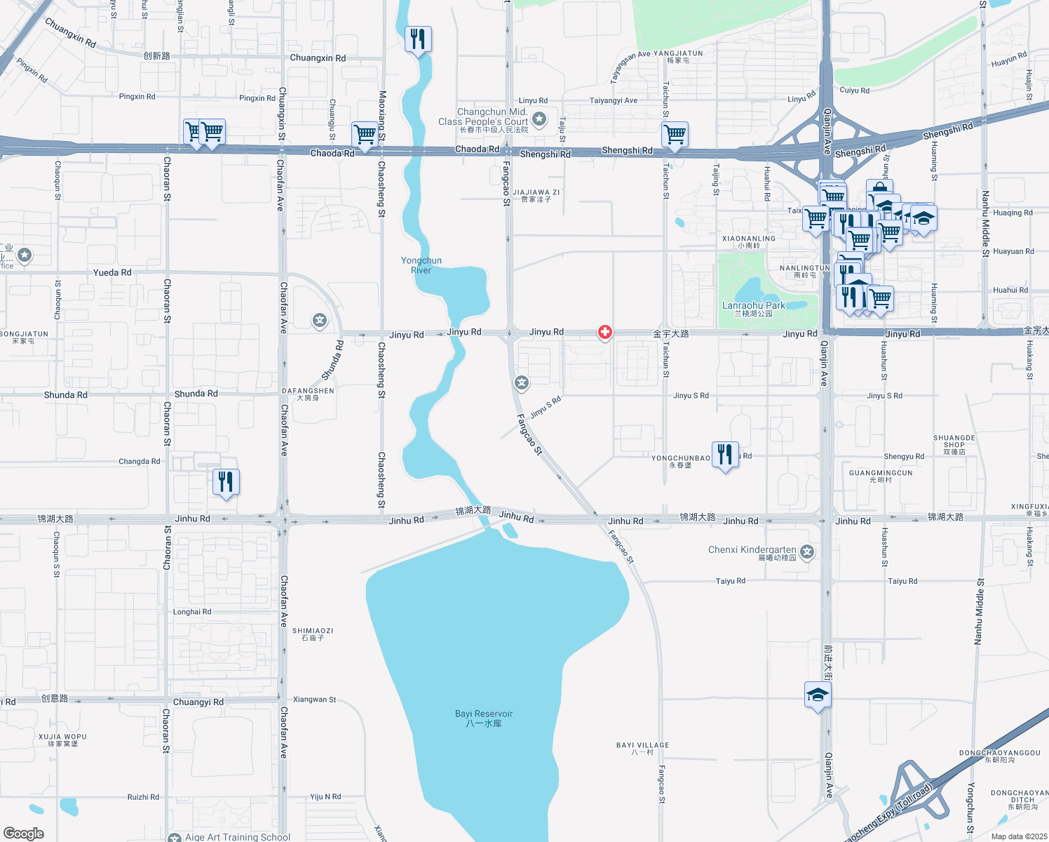 map of restaurants, bars, coffee shops, grocery stores, and more near Fang Cao Jie in Chang Chun Shi