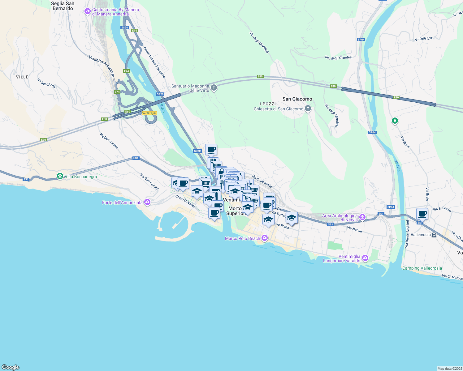 map of restaurants, bars, coffee shops, grocery stores, and more near 21e Via Aprosio in Ventimiglia