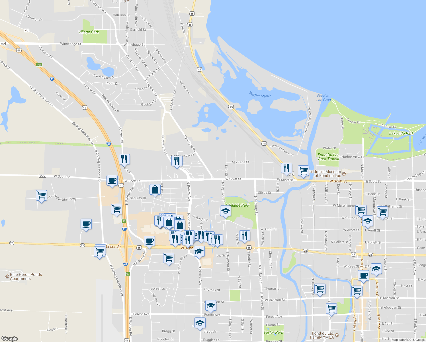 map of restaurants, bars, coffee shops, grocery stores, and more near 501 Van Dyne Road in Fond du Lac