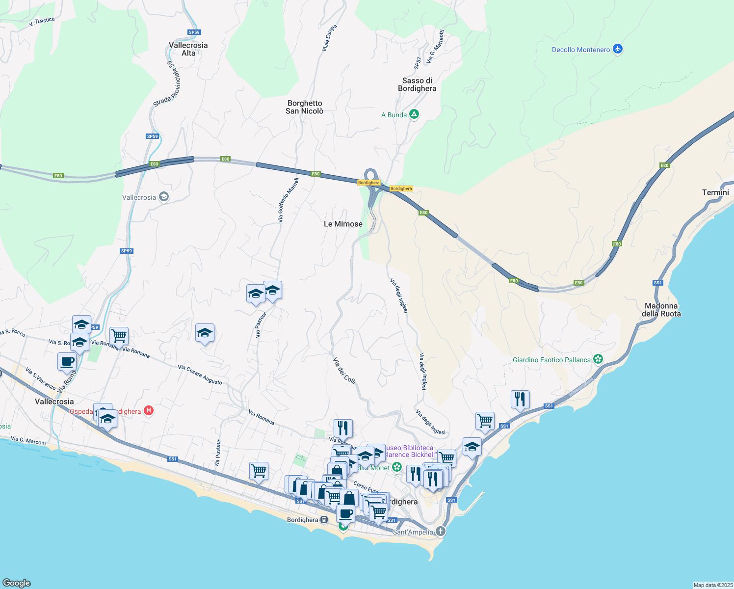 map of restaurants, bars, coffee shops, grocery stores, and more near 14 Via Iride in Bordighera