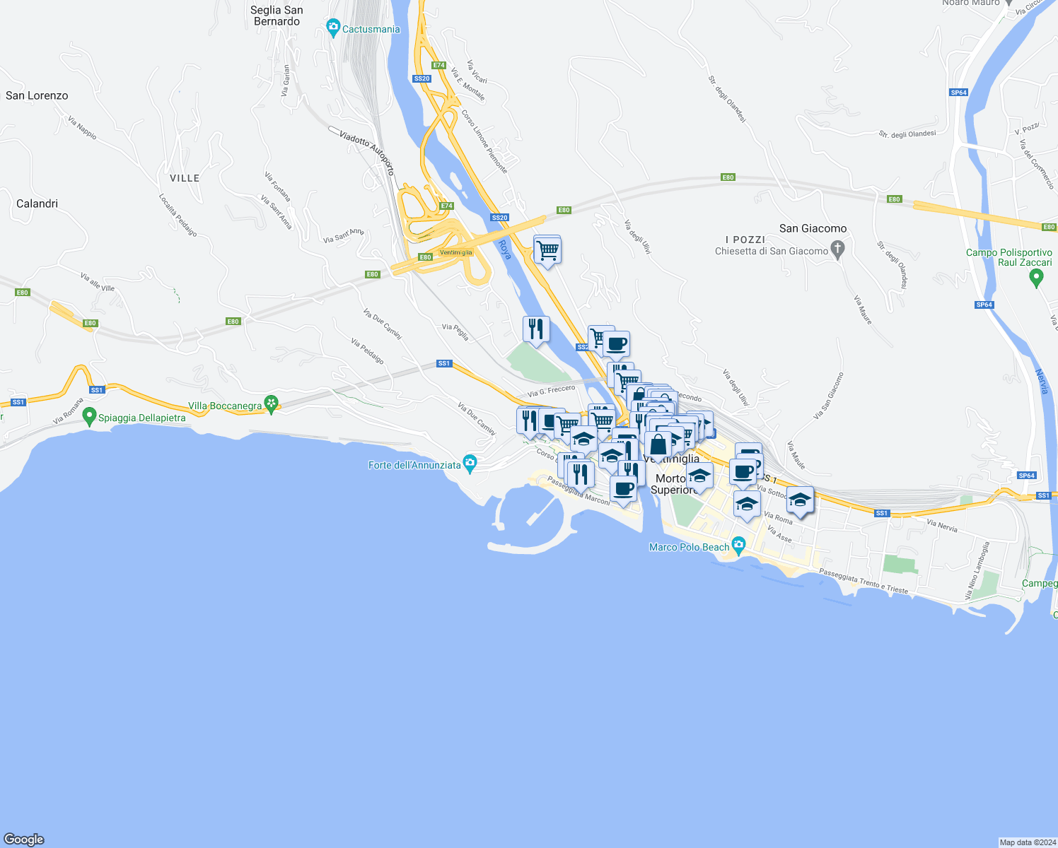 map of restaurants, bars, coffee shops, grocery stores, and more near 18 Vico Saonese in Ventimiglia
