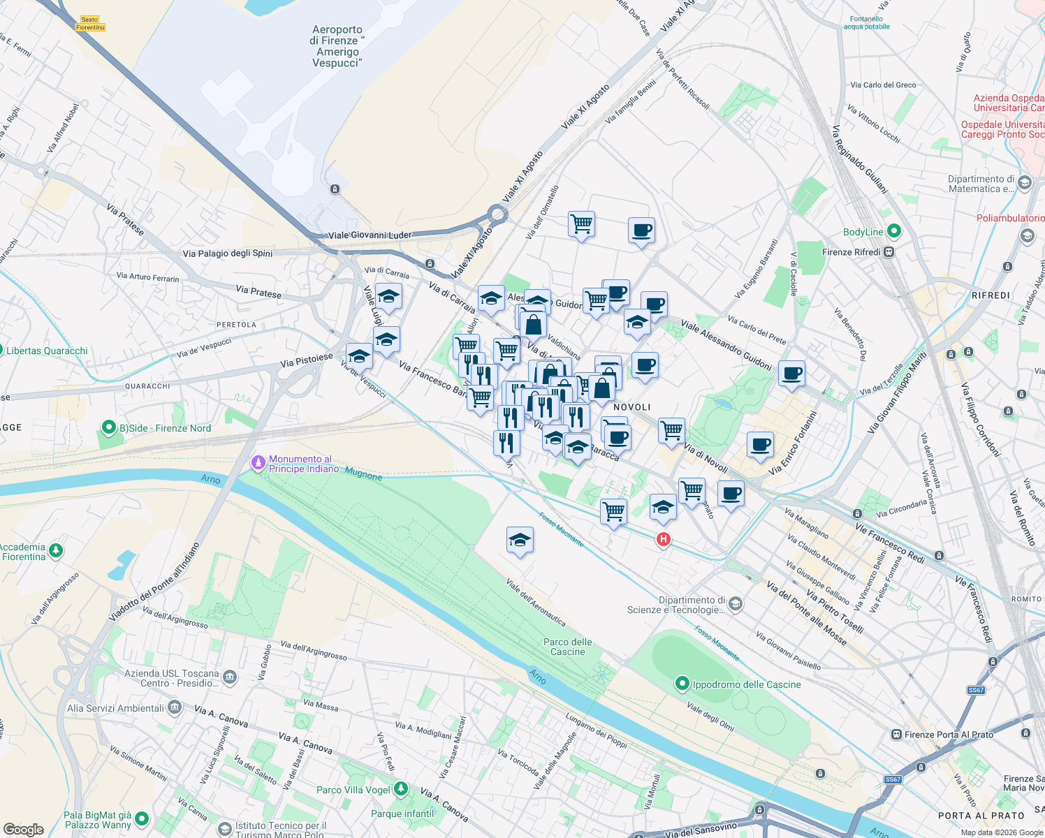 map of restaurants, bars, coffee shops, grocery stores, and more near 42 Via del Barco in Florence