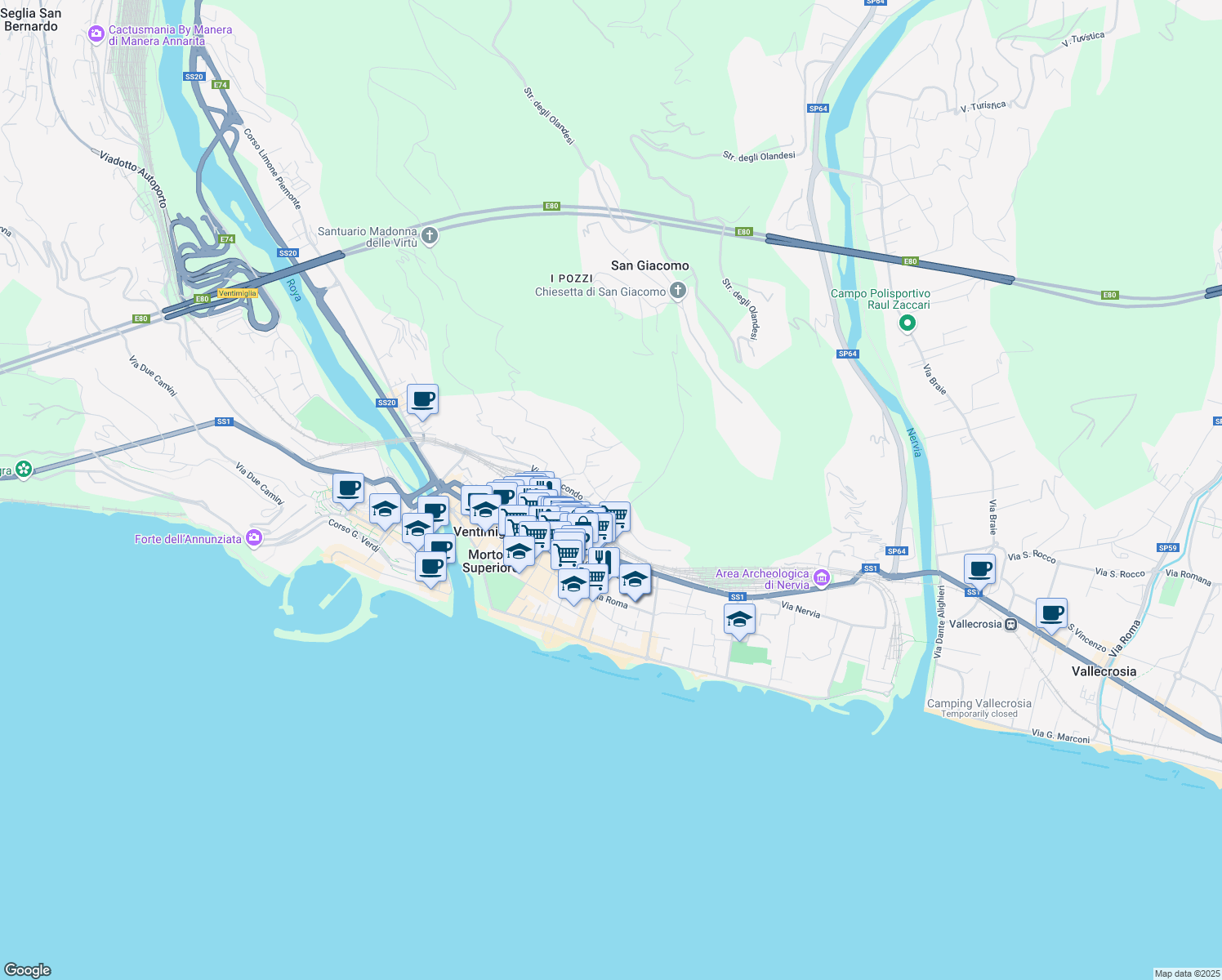 map of restaurants, bars, coffee shops, grocery stores, and more near 2A Via Maule in Ventimiglia