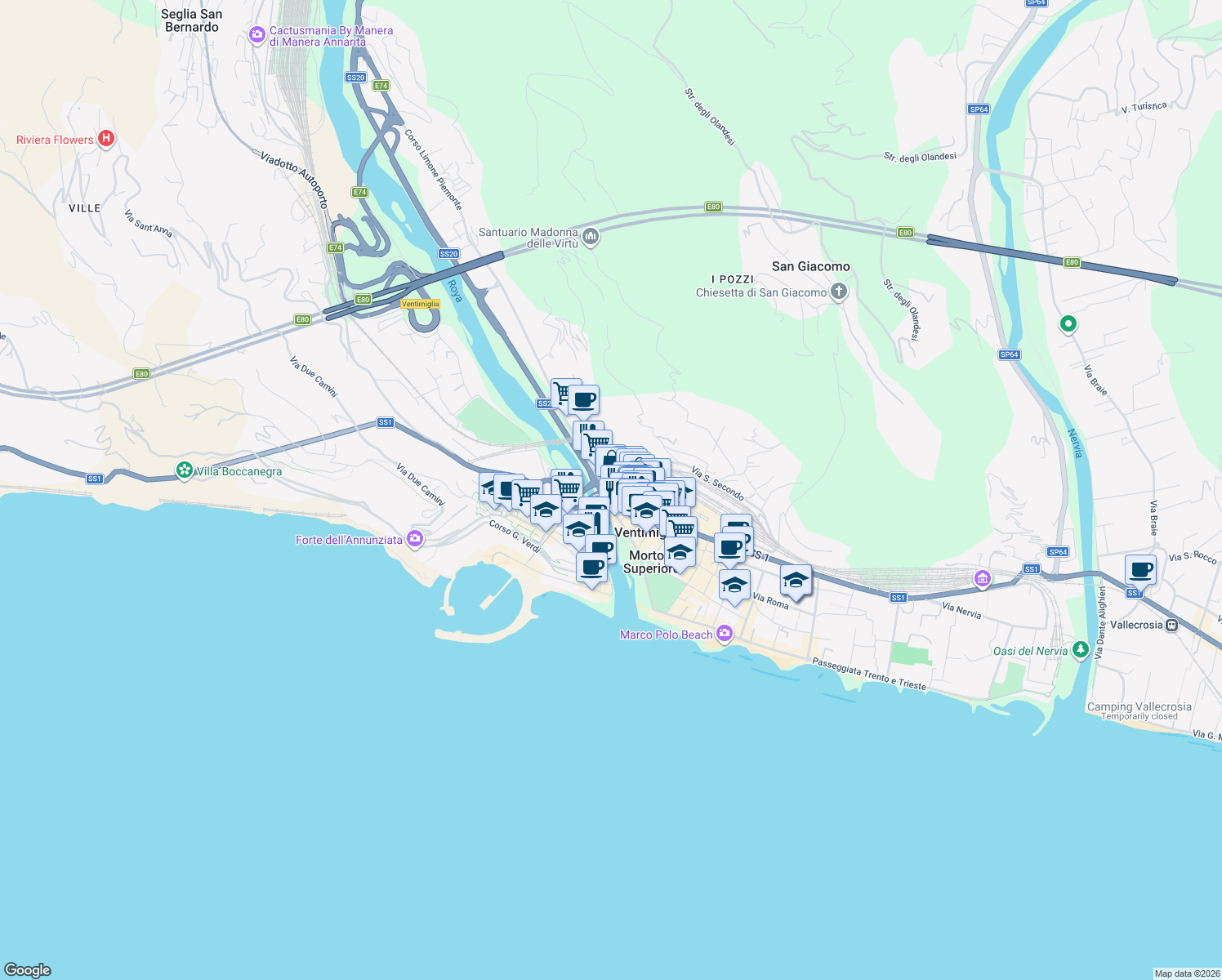 map of restaurants, bars, coffee shops, grocery stores, and more near 1 Via Aprosio in Ventimiglia