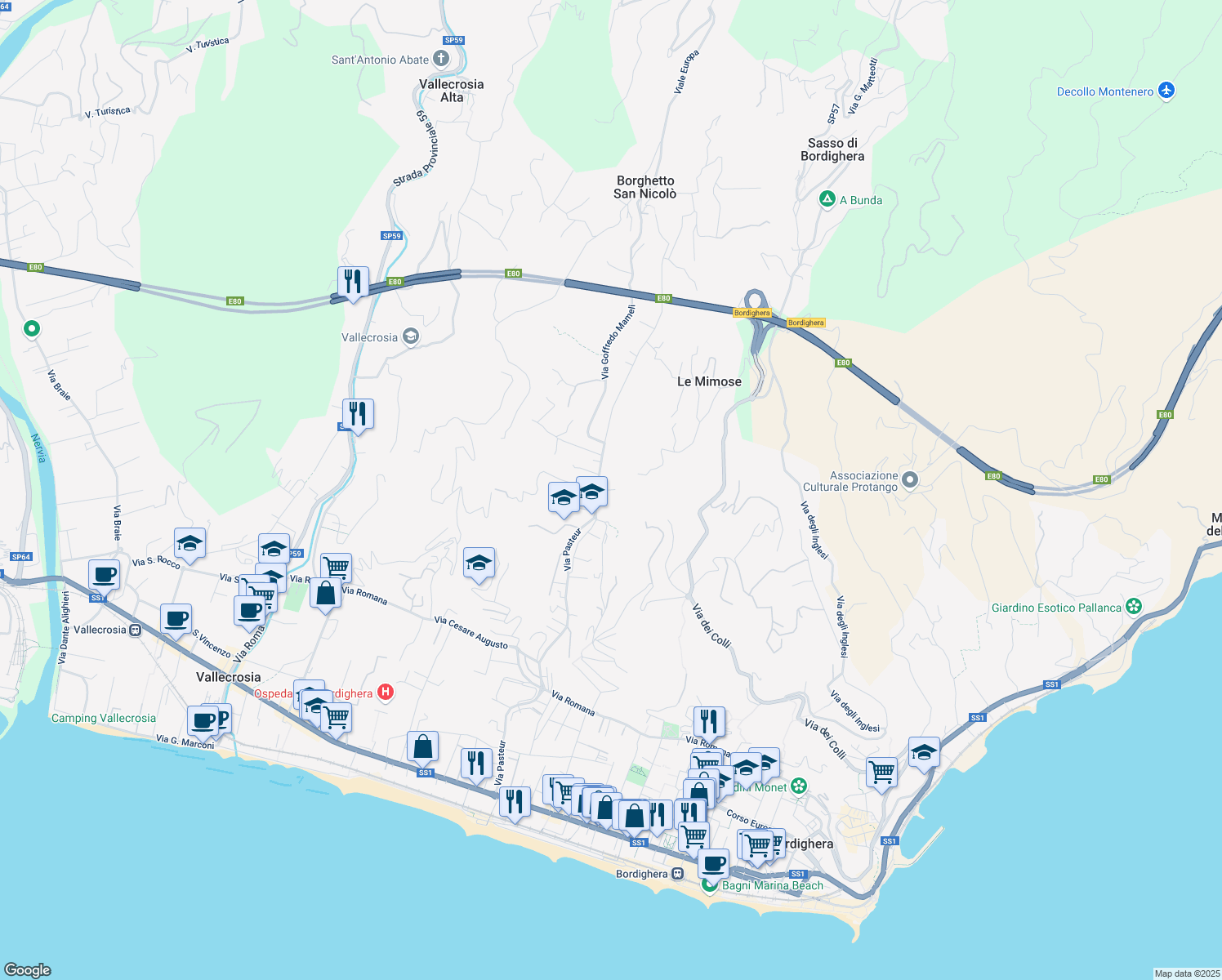map of restaurants, bars, coffee shops, grocery stores, and more near 177 Via Louis Pasteur in Bordighera