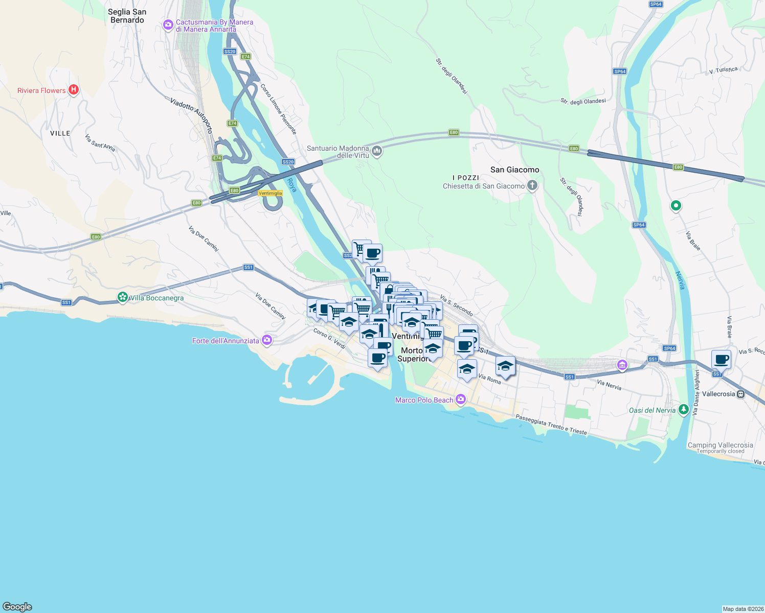 map of restaurants, bars, coffee shops, grocery stores, and more near 4 Lungomare Roia in Ventimiglia