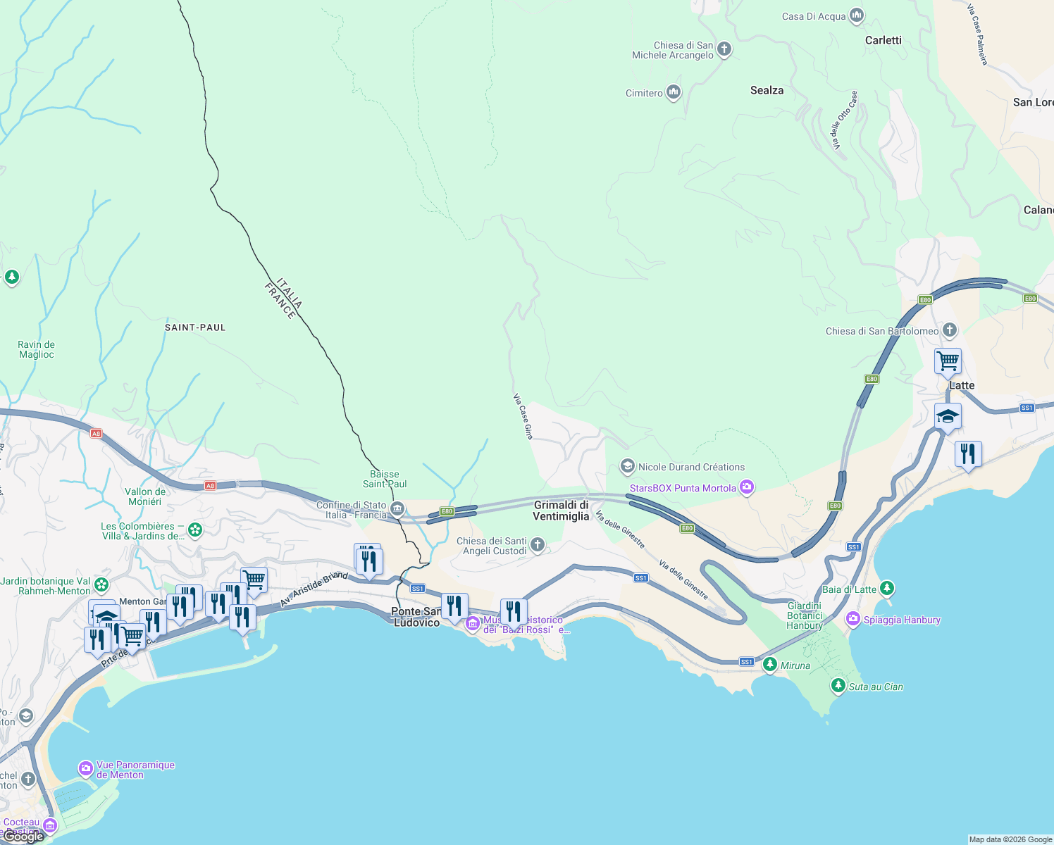map of restaurants, bars, coffee shops, grocery stores, and more near 8 Via Case Gina in Grimaldi