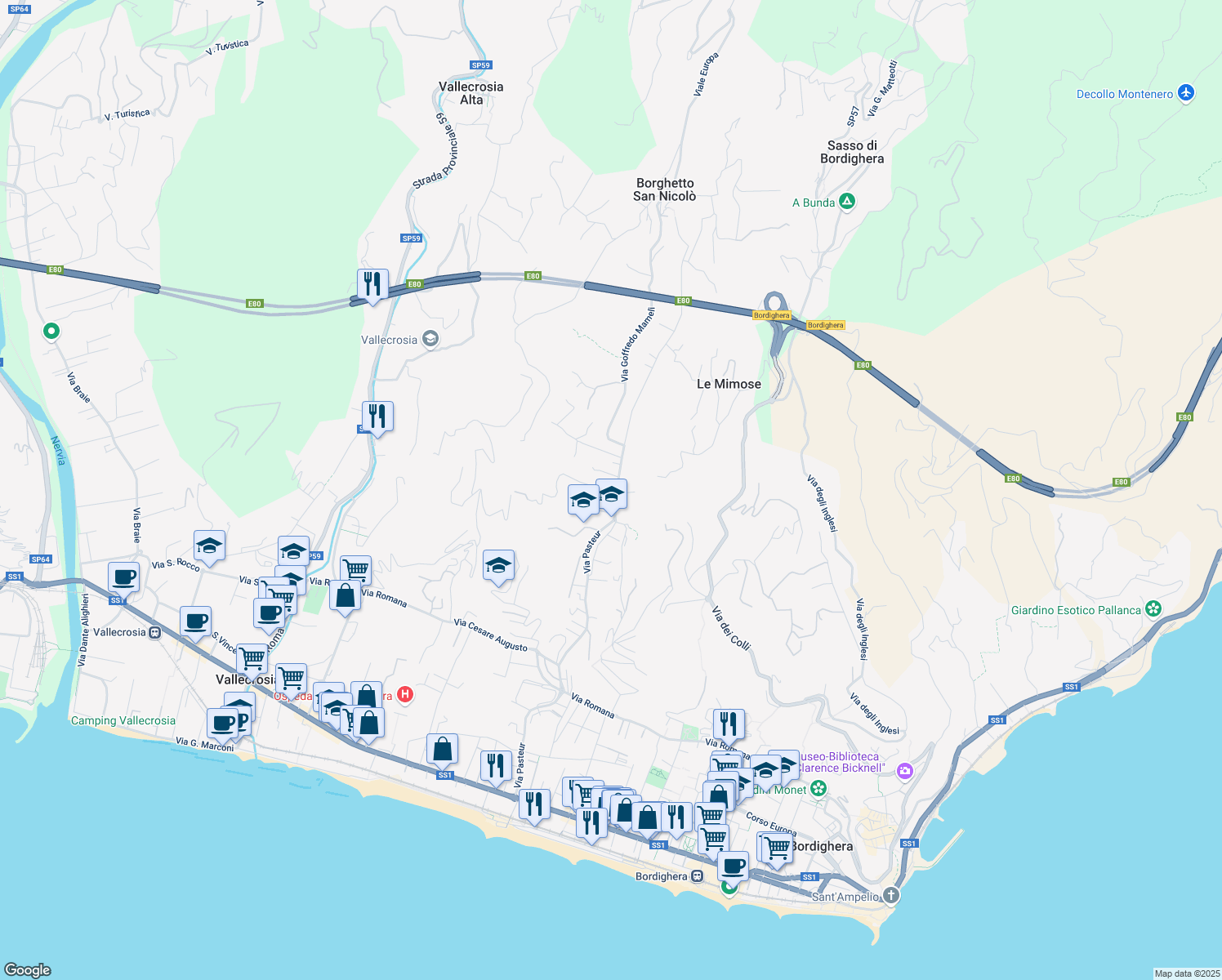 map of restaurants, bars, coffee shops, grocery stores, and more near 177 Via Louis Pasteur in Bordighera
