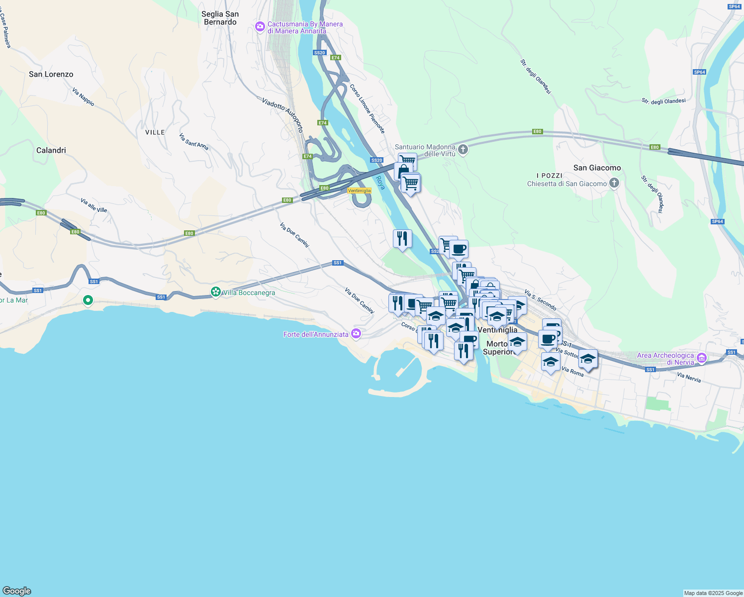 map of restaurants, bars, coffee shops, grocery stores, and more near 17 Via Forte San Paolo in Ventimiglia