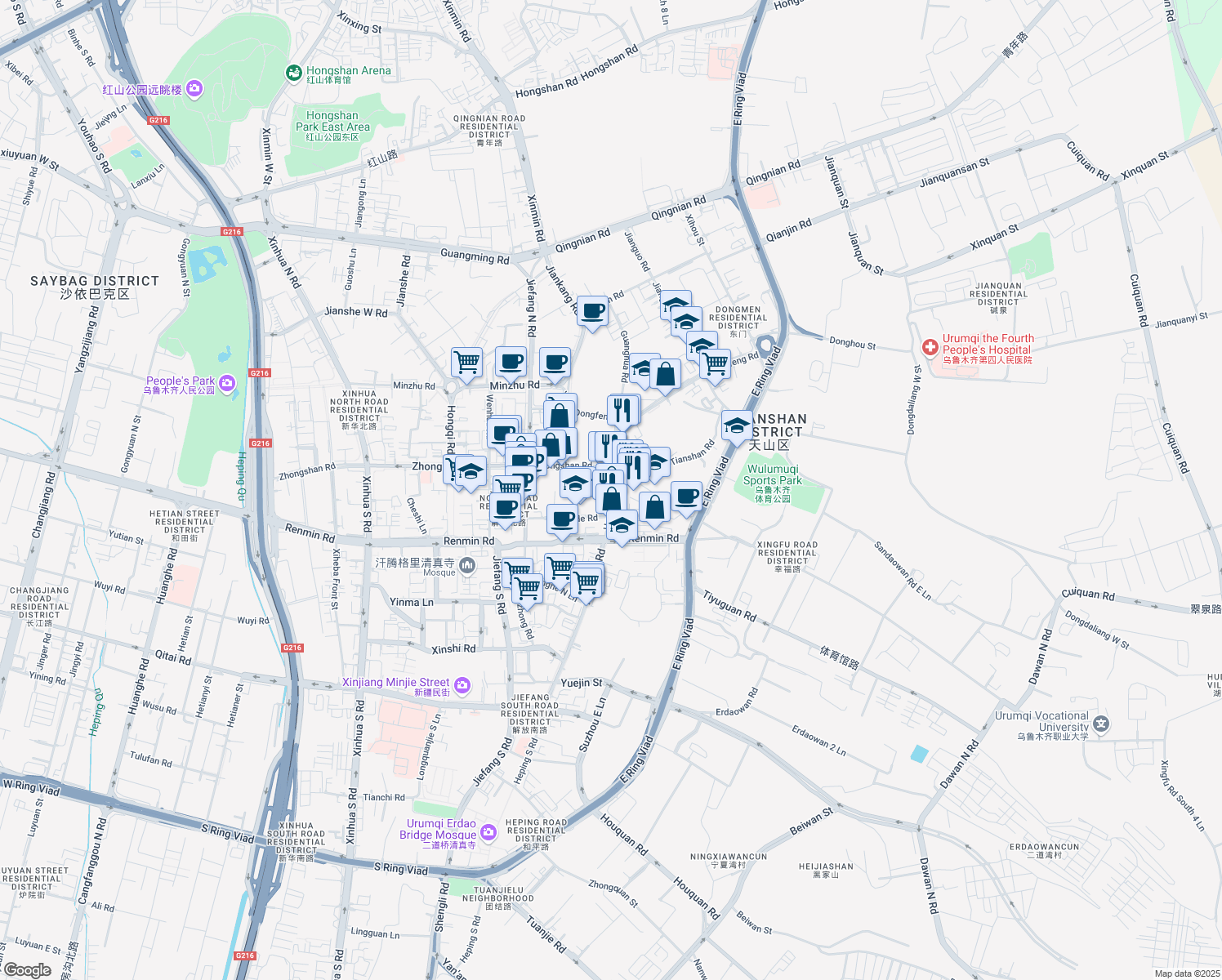 map of restaurants, bars, coffee shops, grocery stores, and more near He Ping Bei Lu in Wu Lu Mu Qi Shi