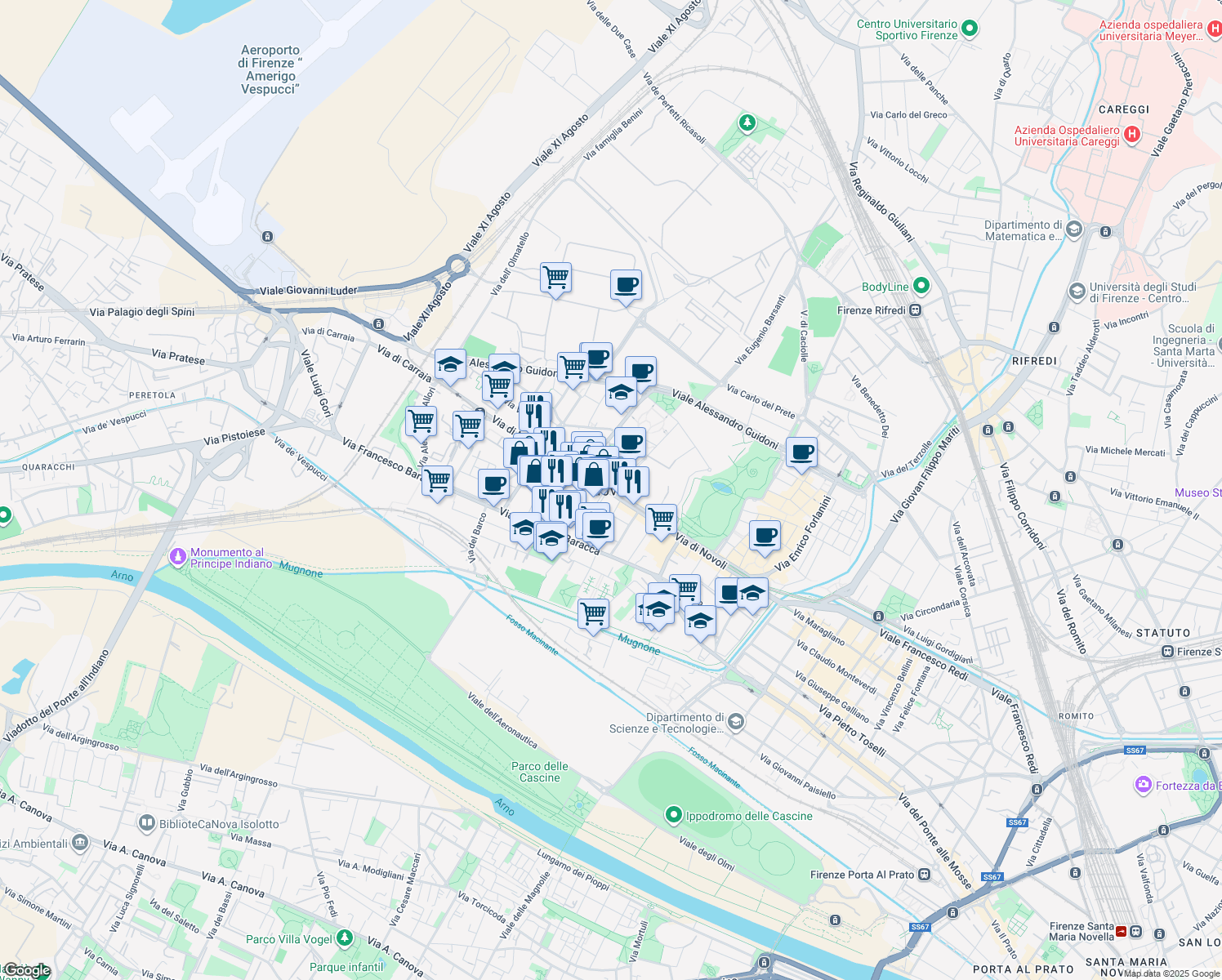 map of restaurants, bars, coffee shops, grocery stores, and more near 175 Via di Novoli in Firenze