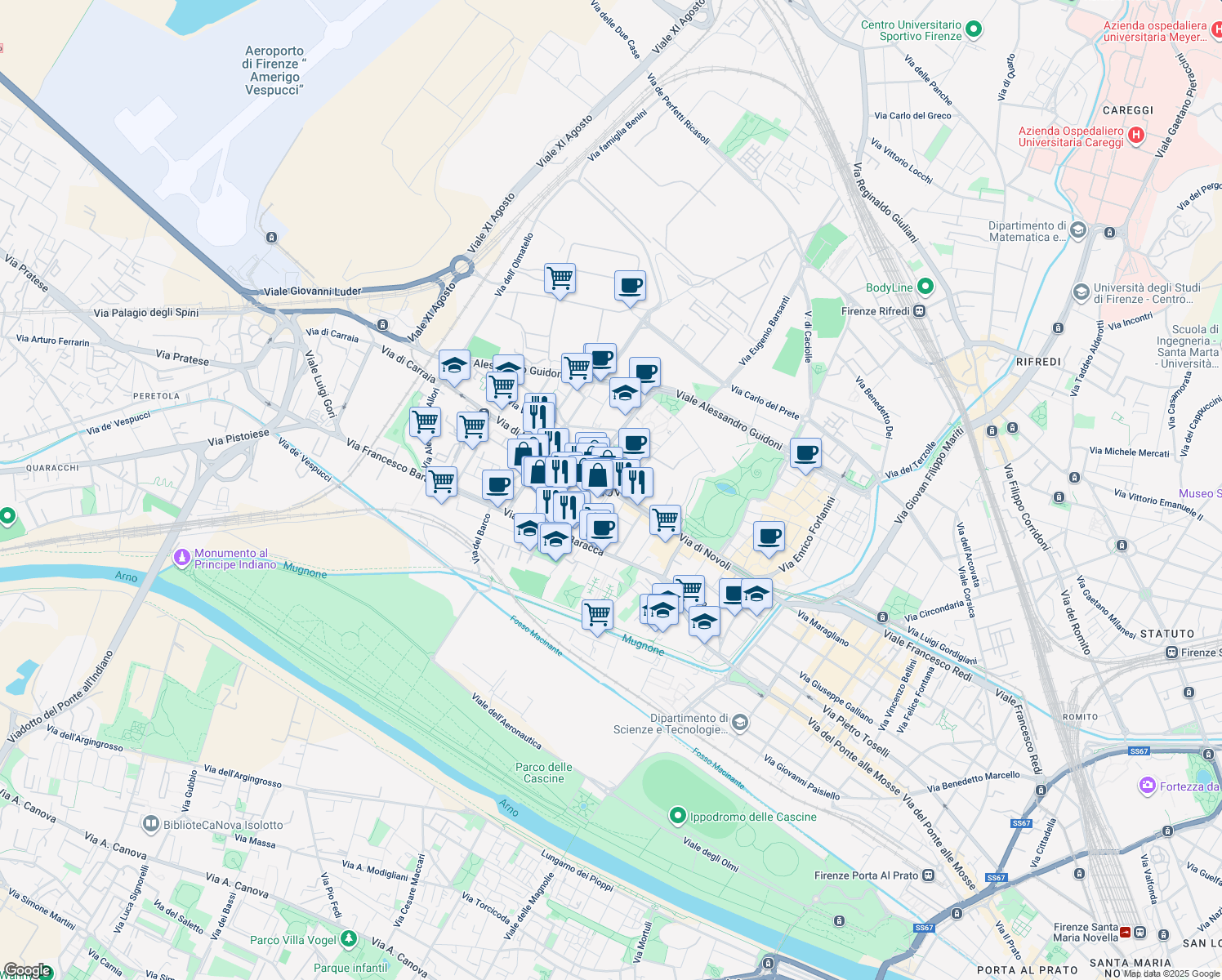 map of restaurants, bars, coffee shops, grocery stores, and more near 175 Via di Novoli in Firenze