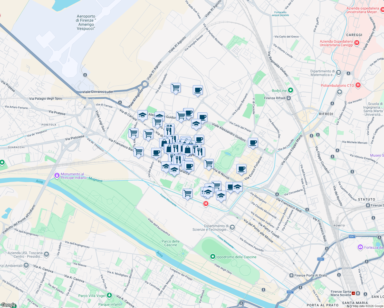 map of restaurants, bars, coffee shops, grocery stores, and more near 175 Via di Novoli in Firenze