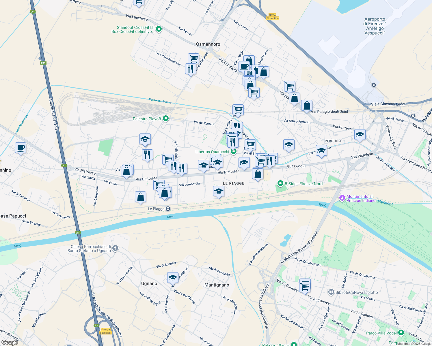 map of restaurants, bars, coffee shops, grocery stores, and more near 210 Via Pistoiese in Firenze