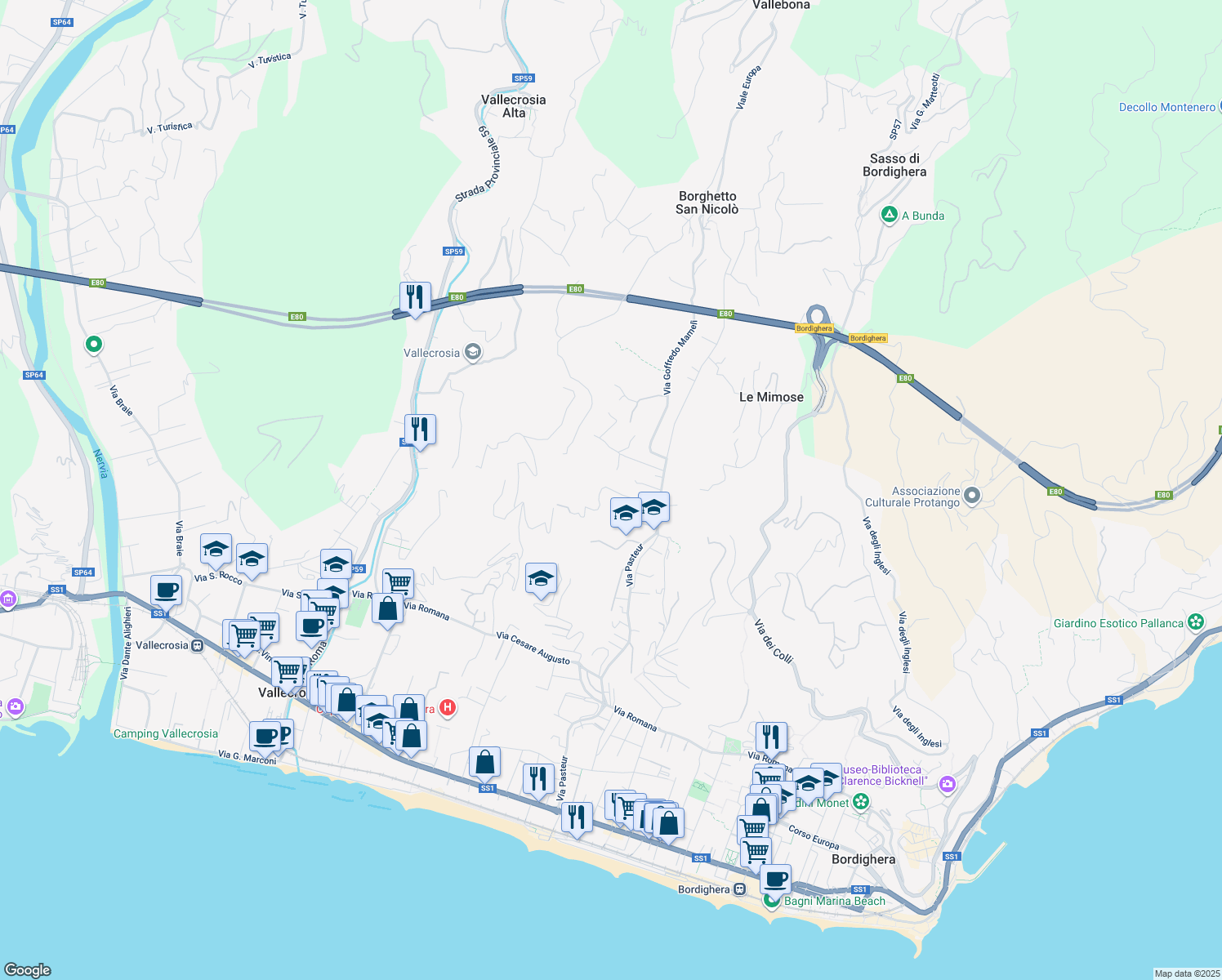 map of restaurants, bars, coffee shops, grocery stores, and more near 7 Via Defisiu in Bordighera