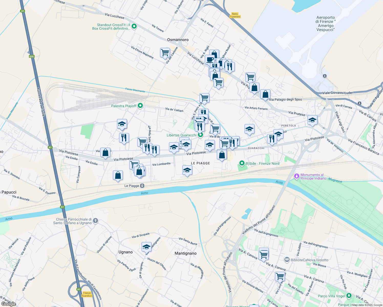 map of restaurants, bars, coffee shops, grocery stores, and more near 210 Via Pistoiese in Firenze