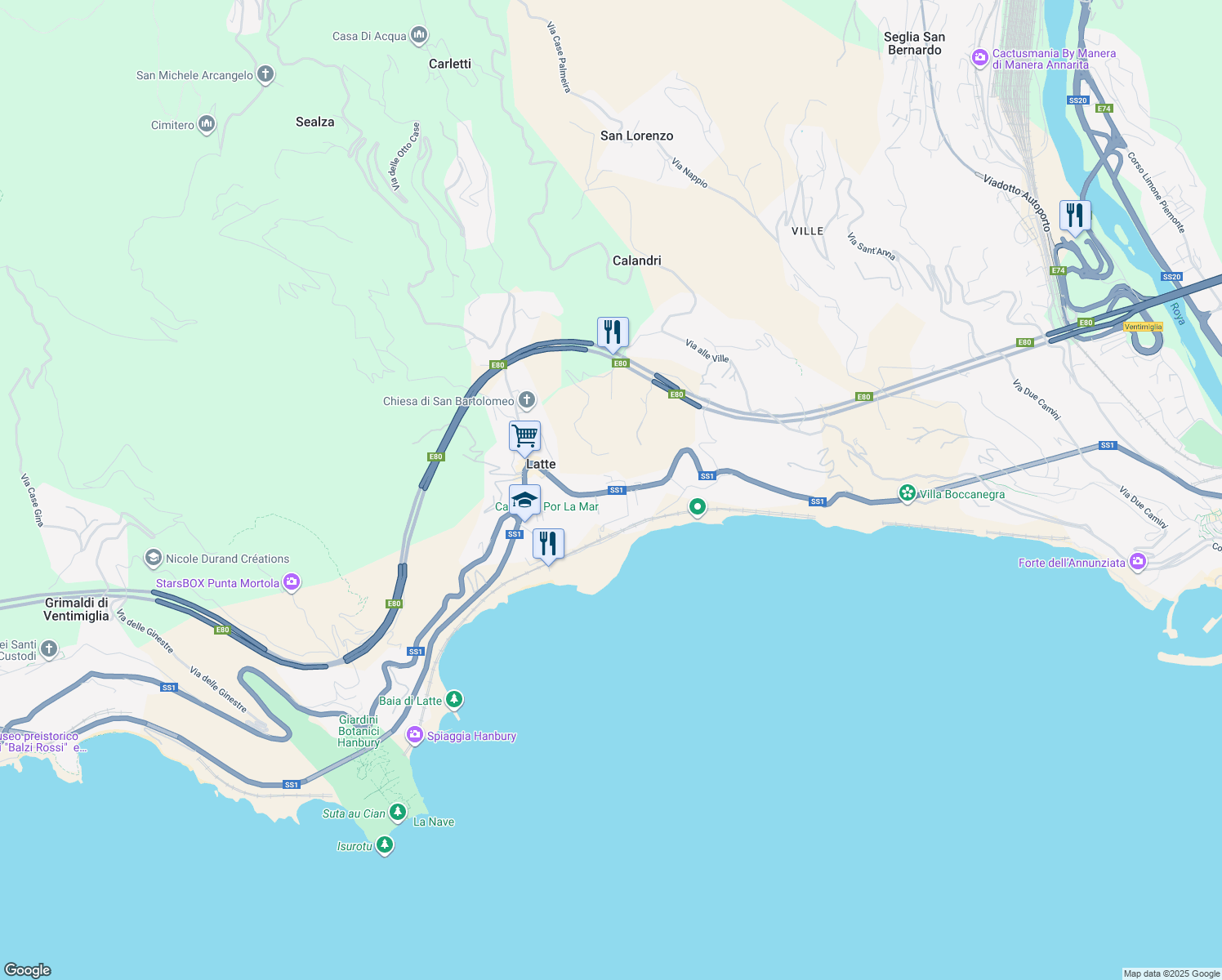 map of restaurants, bars, coffee shops, grocery stores, and more near 38 Corso Nizza in Latte