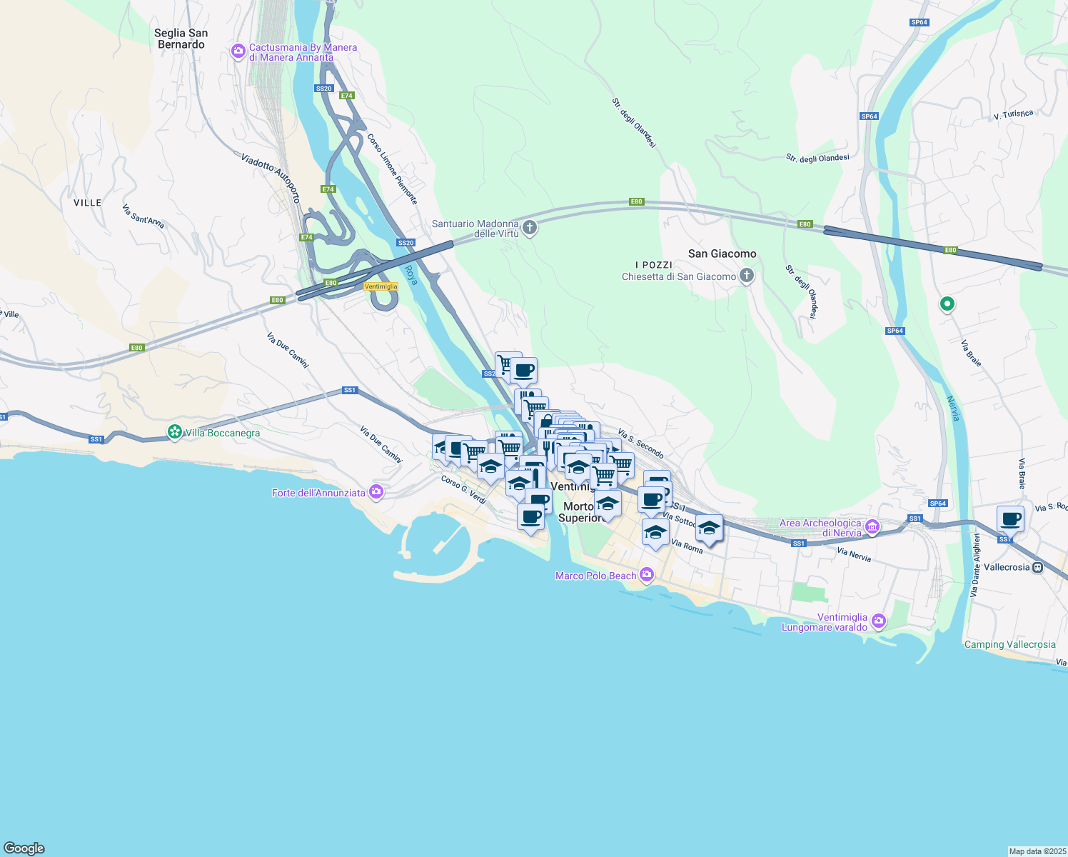 map of restaurants, bars, coffee shops, grocery stores, and more near 13 Via San Secondo in Ventimiglia