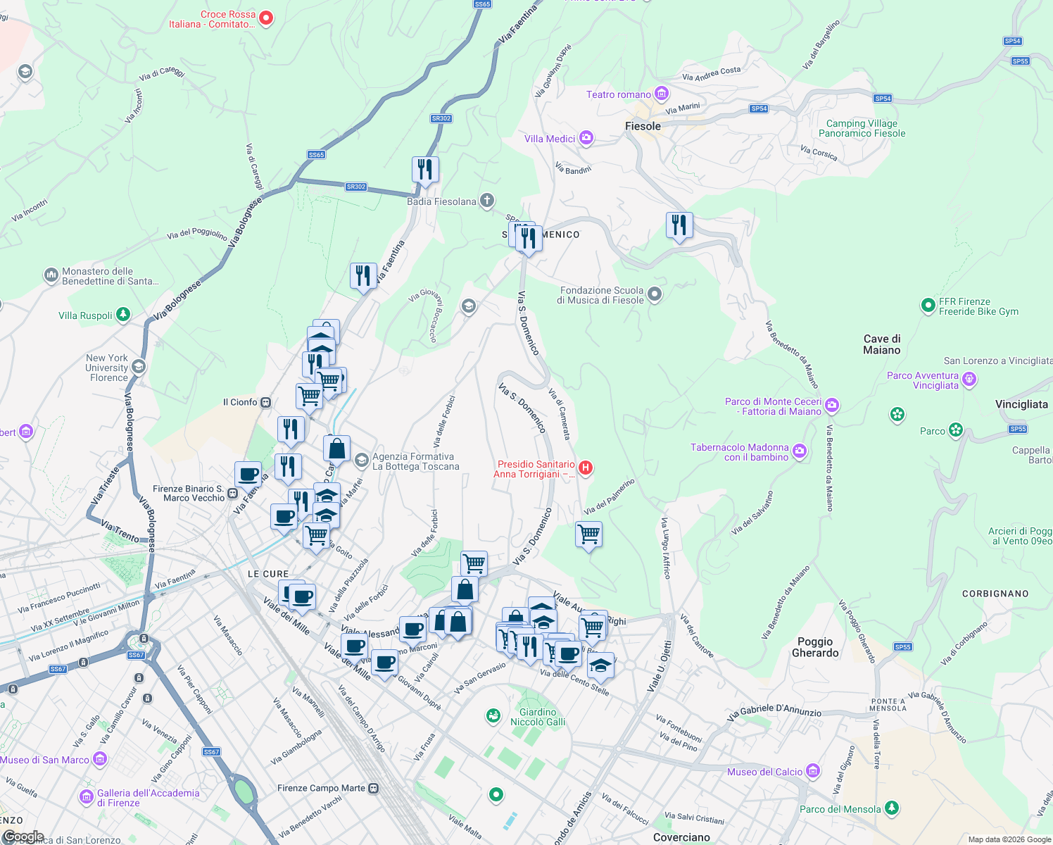 map of restaurants, bars, coffee shops, grocery stores, and more near 87 Via San Domenico in Firenze
