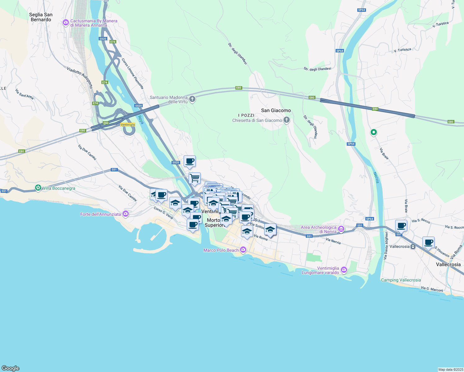 map of restaurants, bars, coffee shops, grocery stores, and more near 9 Via delle Gerbere in Ventimiglia