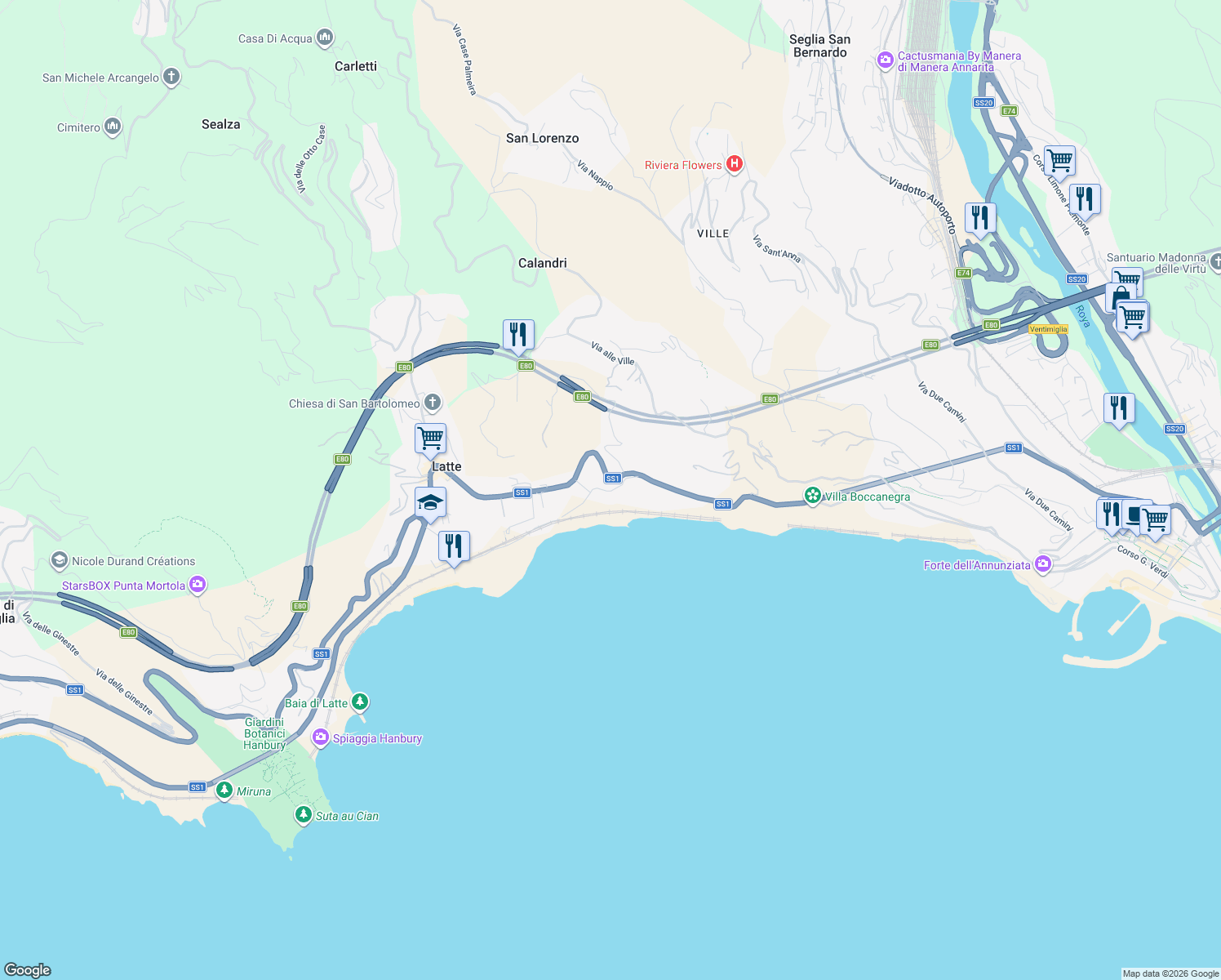 map of restaurants, bars, coffee shops, grocery stores, and more near 7B Via Romana in Latte