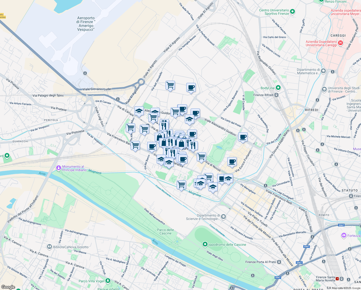 map of restaurants, bars, coffee shops, grocery stores, and more near 175 Via di Novoli in Firenze