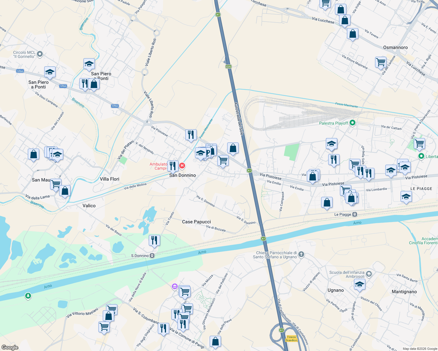 map of restaurants, bars, coffee shops, grocery stores, and more near 13 Via Viottole in San Donnino