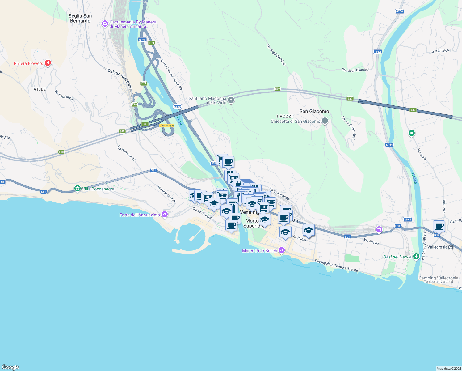 map of restaurants, bars, coffee shops, grocery stores, and more near 13 Via San Secondo in Ventimiglia