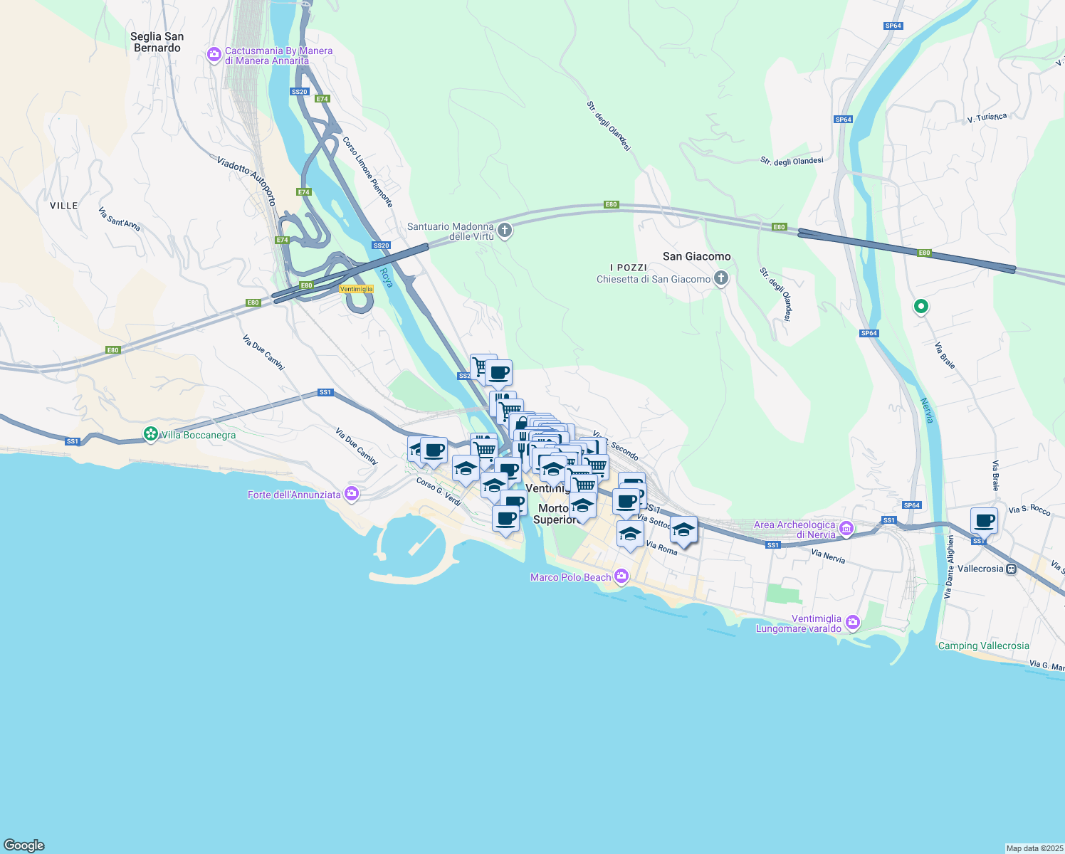 map of restaurants, bars, coffee shops, grocery stores, and more near 20 Via San Secondo in Ventimiglia