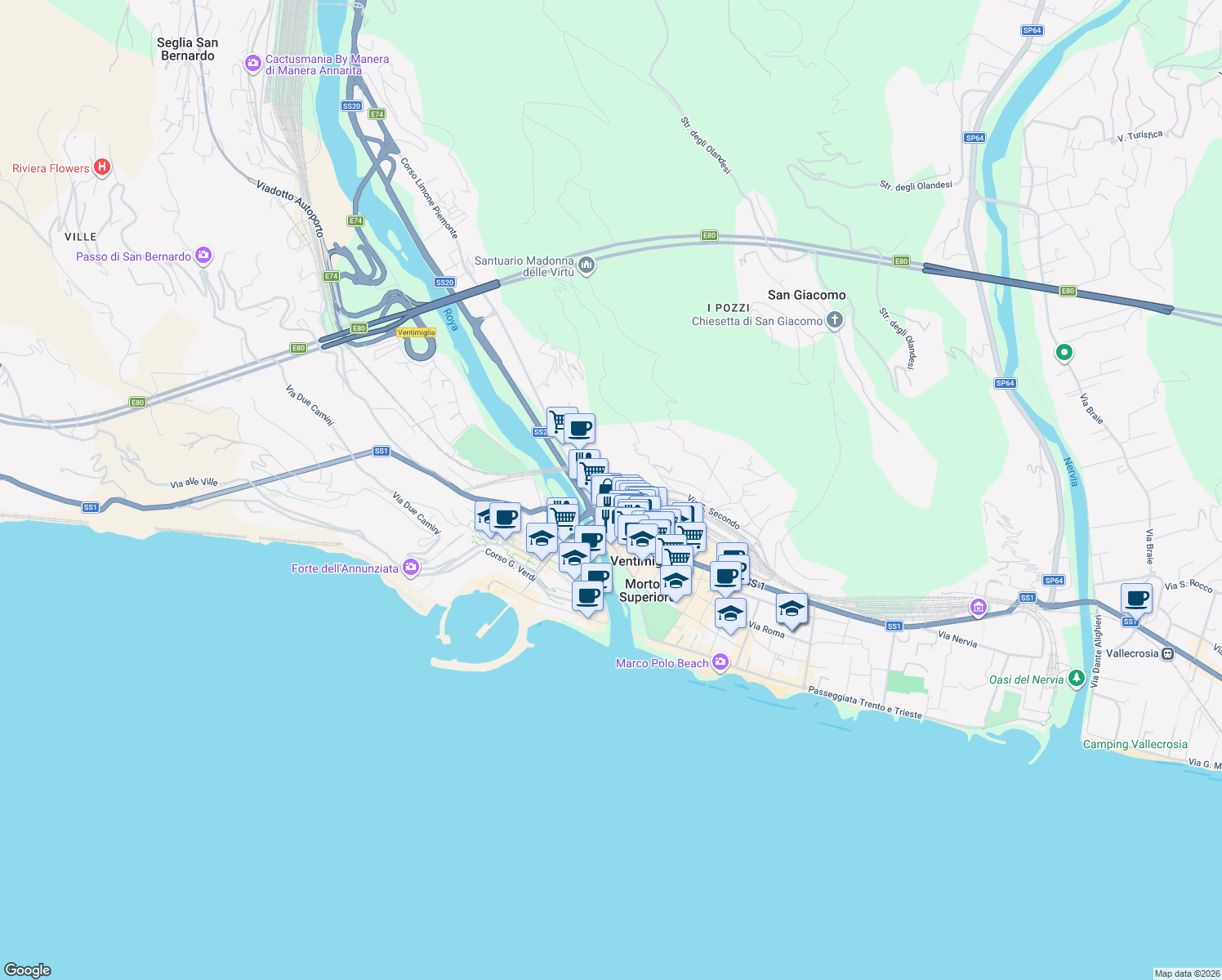 map of restaurants, bars, coffee shops, grocery stores, and more near 20 Via San Secondo in Ventimiglia