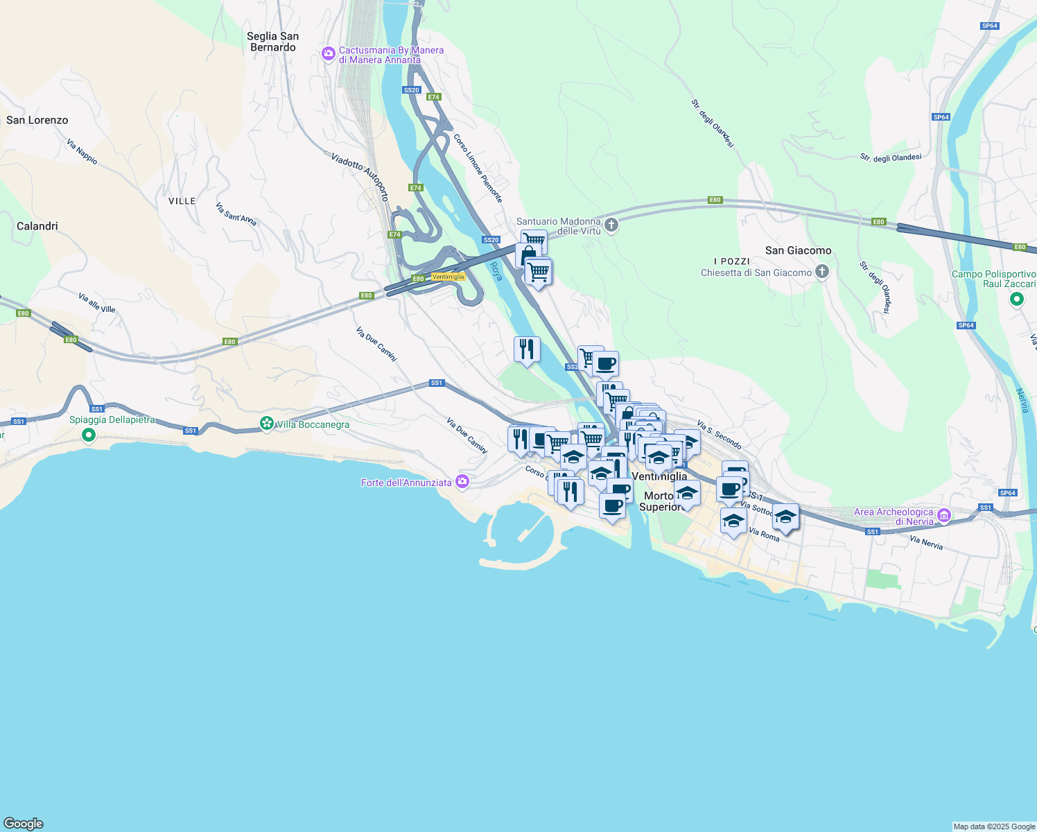 map of restaurants, bars, coffee shops, grocery stores, and more near 15C Via G. Freccero in Ventimiglia