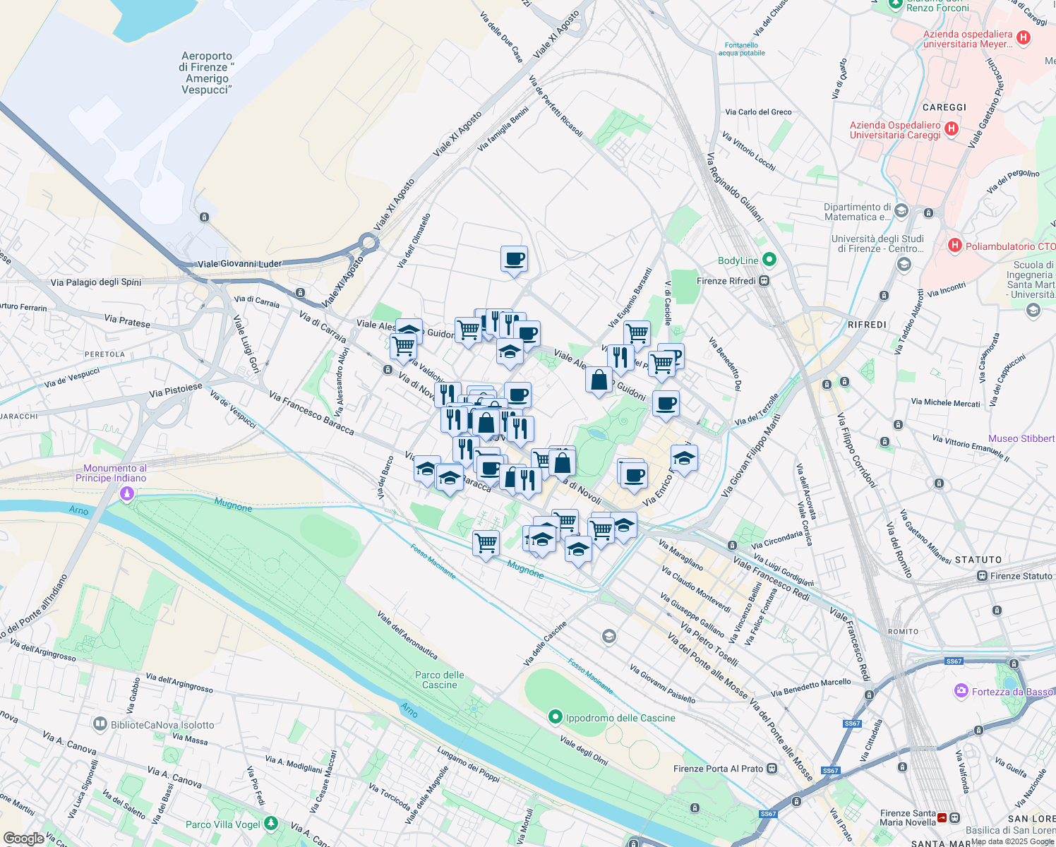map of restaurants, bars, coffee shops, grocery stores, and more near 26 Via di Novoli in Firenze