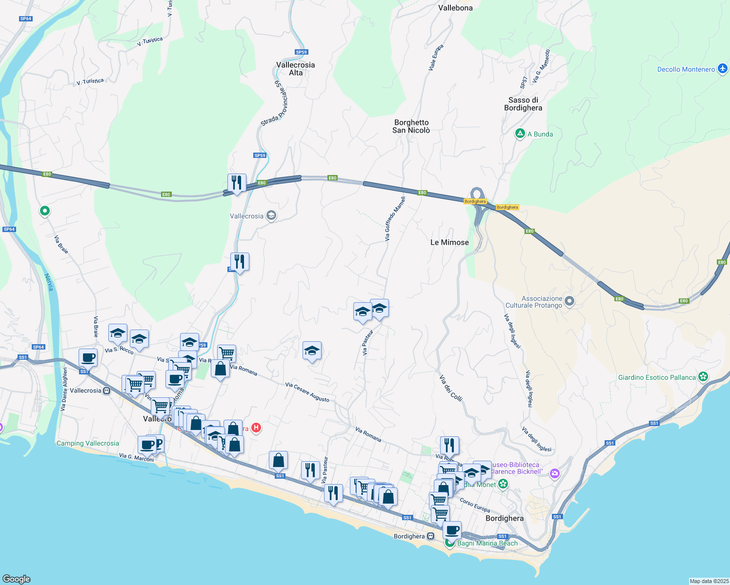 map of restaurants, bars, coffee shops, grocery stores, and more near 7 Via Defisiu in Bordighera