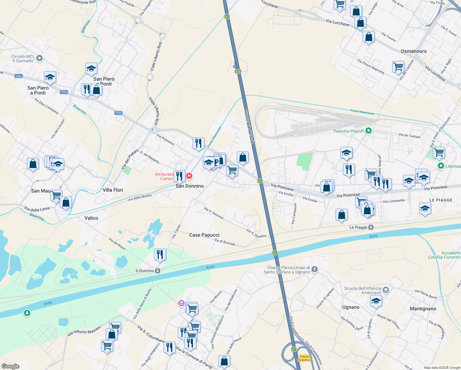 map of restaurants, bars, coffee shops, grocery stores, and more near 13 Via Viottole in San Donnino