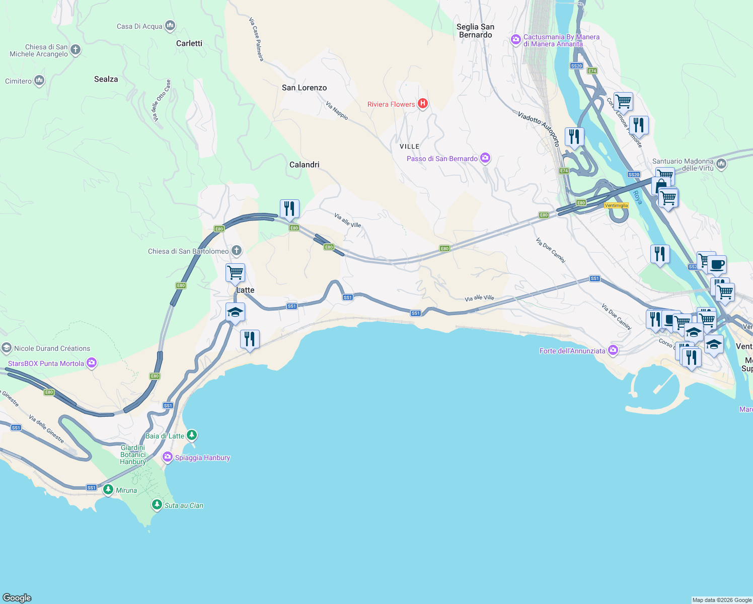 map of restaurants, bars, coffee shops, grocery stores, and more near 79 Corso A. Toscanini in Latte
