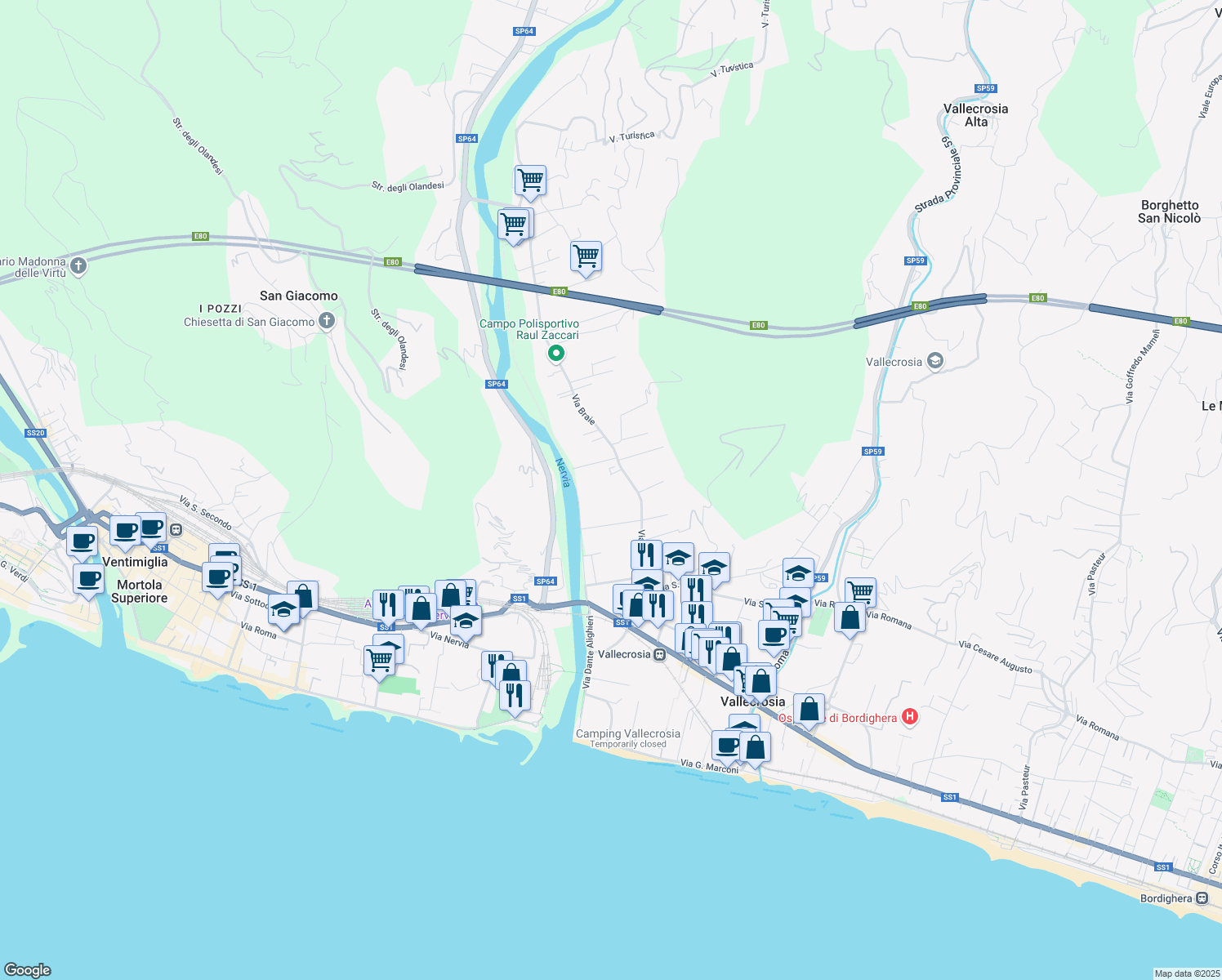 map of restaurants, bars, coffee shops, grocery stores, and more near 185 Via Braie in Camporosso