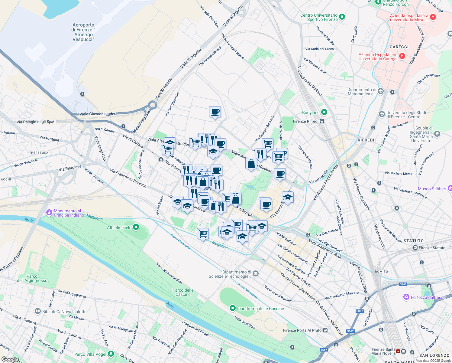 map of restaurants, bars, coffee shops, grocery stores, and more near 26 Via di Novoli in Firenze