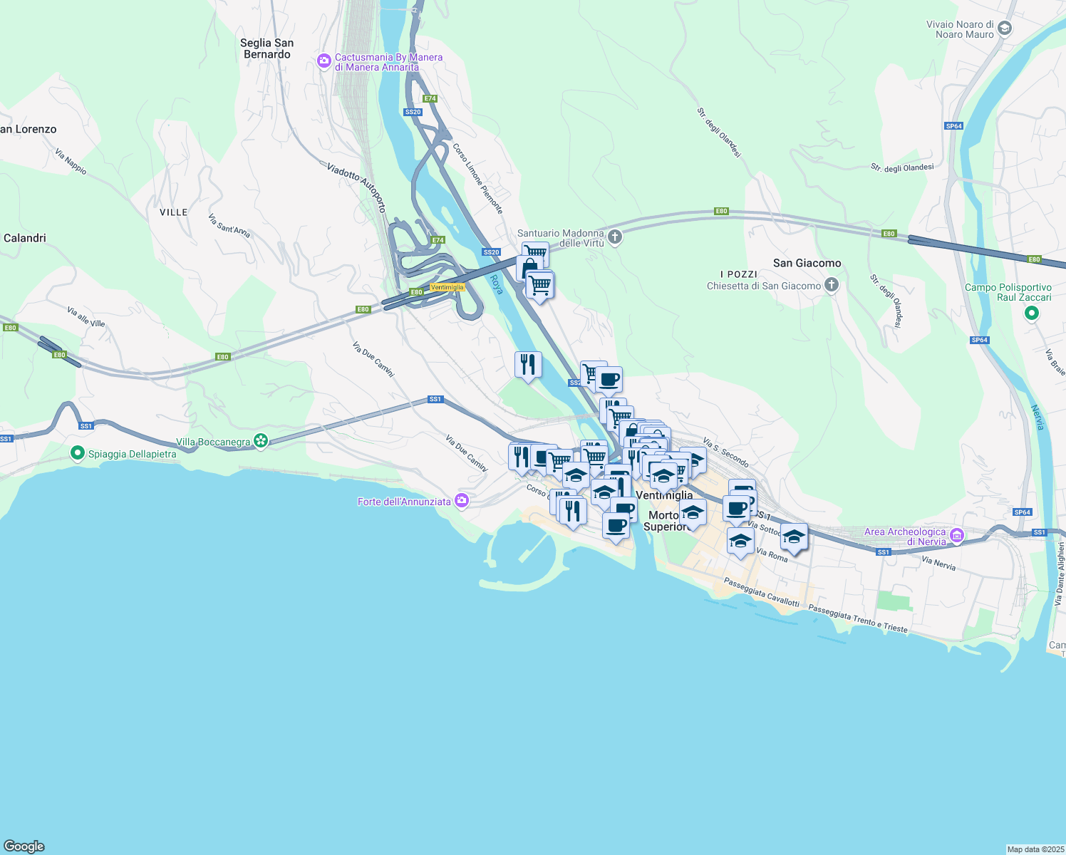 map of restaurants, bars, coffee shops, grocery stores, and more near 15C Via G. Freccero in Ventimiglia