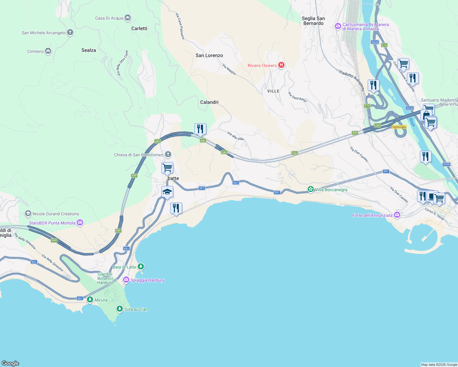 map of restaurants, bars, coffee shops, grocery stores, and more near 7B Via Romana in Latte