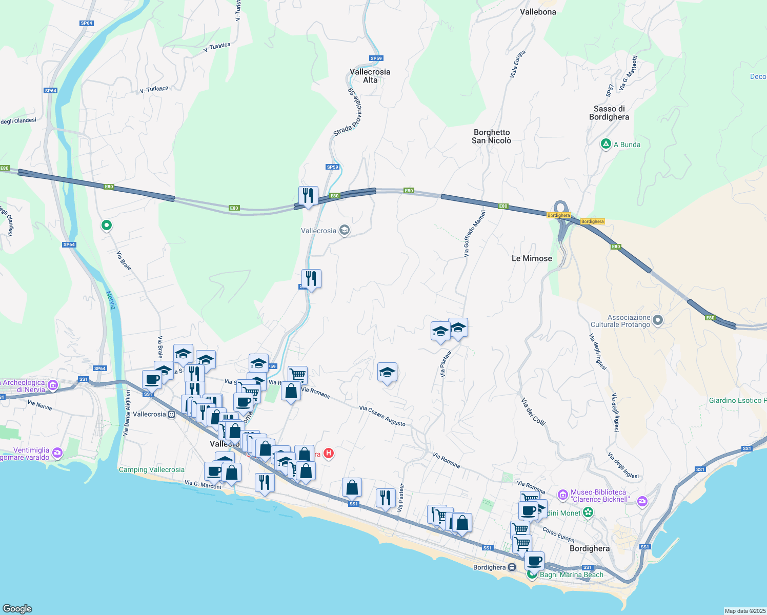 map of restaurants, bars, coffee shops, grocery stores, and more near 16 Via Conca Verde in Vallecrosia