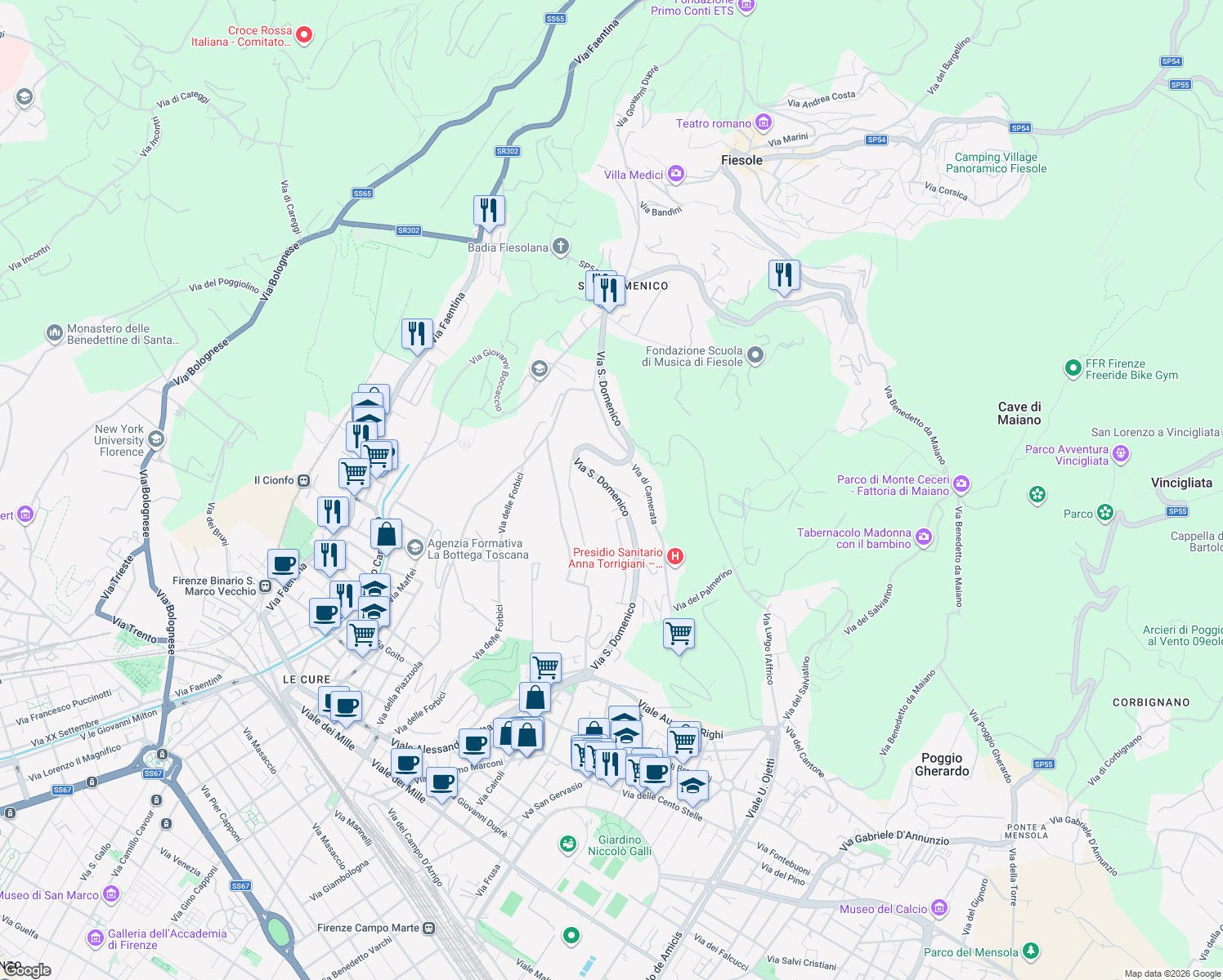 map of restaurants, bars, coffee shops, grocery stores, and more near 87 Via San Domenico in Firenze